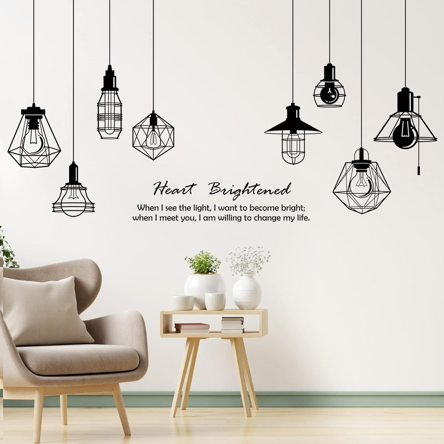 Removable 8pcs Hanging Black Vinyl Chandeliers Wall Sticker Quotes Heart Brightened Wall Decal DIY Peel and Stick Decor for Kids Boys and Girls Bedroom Living Room Studyroom Playroom Classroom