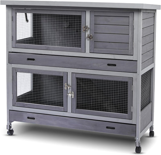 Rabbit Hutch Bunny Cage Indoor Outdoor with Wheel Deeper Tray Chew Proof Guinea Pig Cages 2 Decks Large Rabbit House with 4 Wooden Doors Weatherproof 41.3" L*17.3" W*41.3" H