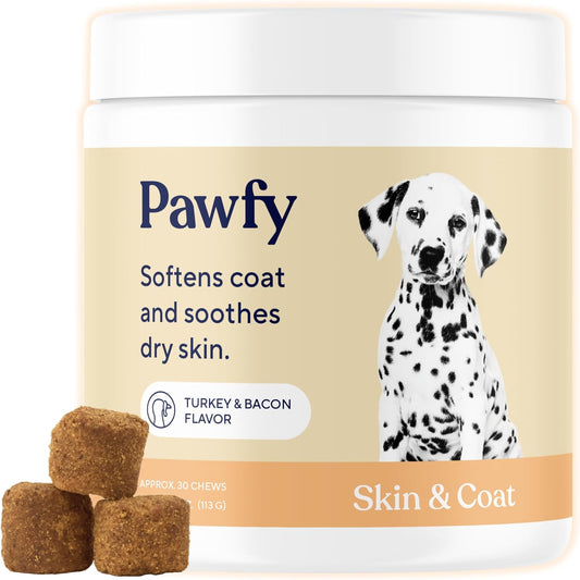Pawfy Skin & Coat with Salmon Oil - Dog Allergy Relief Chews | Advanced Licking Paws Comfort | Dog Itching Skin Relief & Seasonal Allergies Support - Immune Support & Coat Defense | 30 Chews (Bacon)