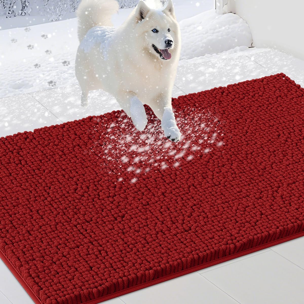 Dog Door Mats for Muddy Paws, Chenille Absorbent Dog Mats, Non Slip Heavy Mud Mat for Dogs, Soft Pet Mat for Entryway, Mud Paws, Inside Floor,48" x 38", Red