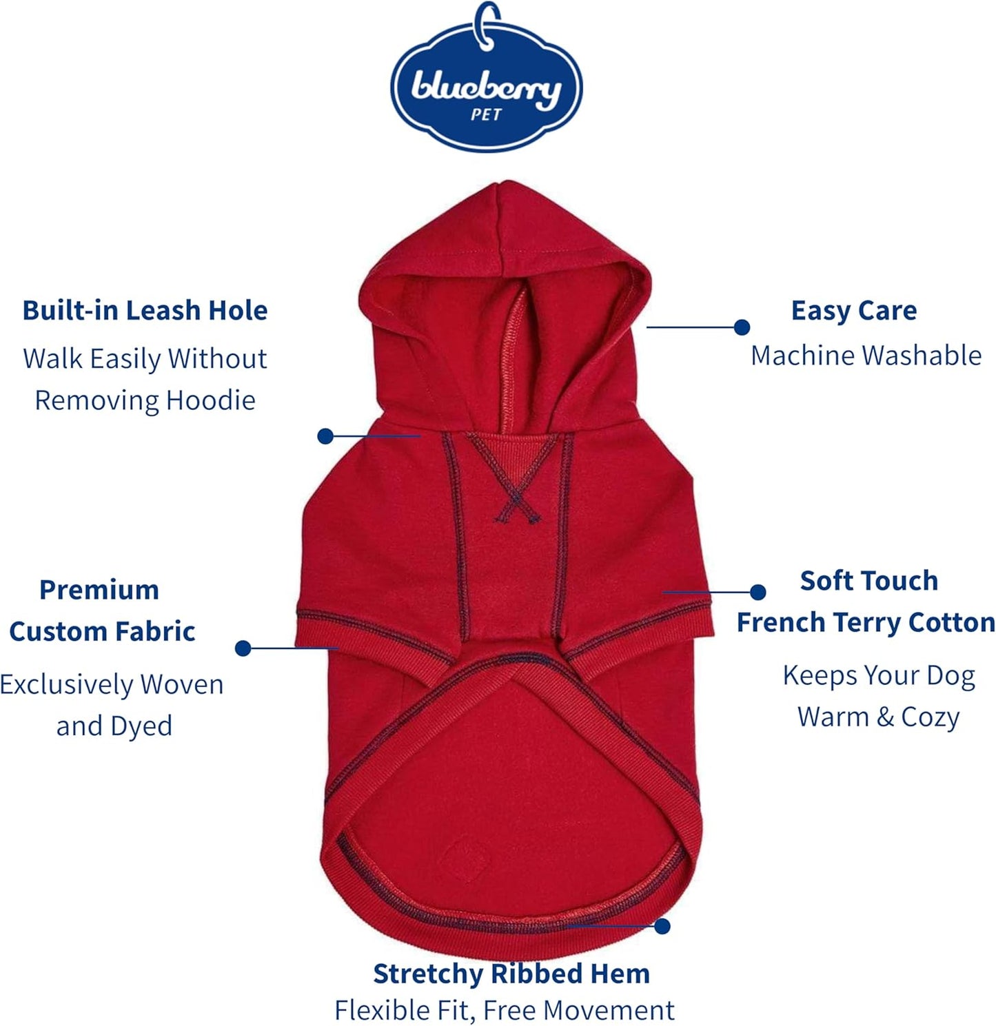 Blueberry Pet Essentials Dog Hoodie – 16 inch, Cotton‑Blend Sweatshirt with Hood, Red, Machine‑Washable Small‑Dog Jersey