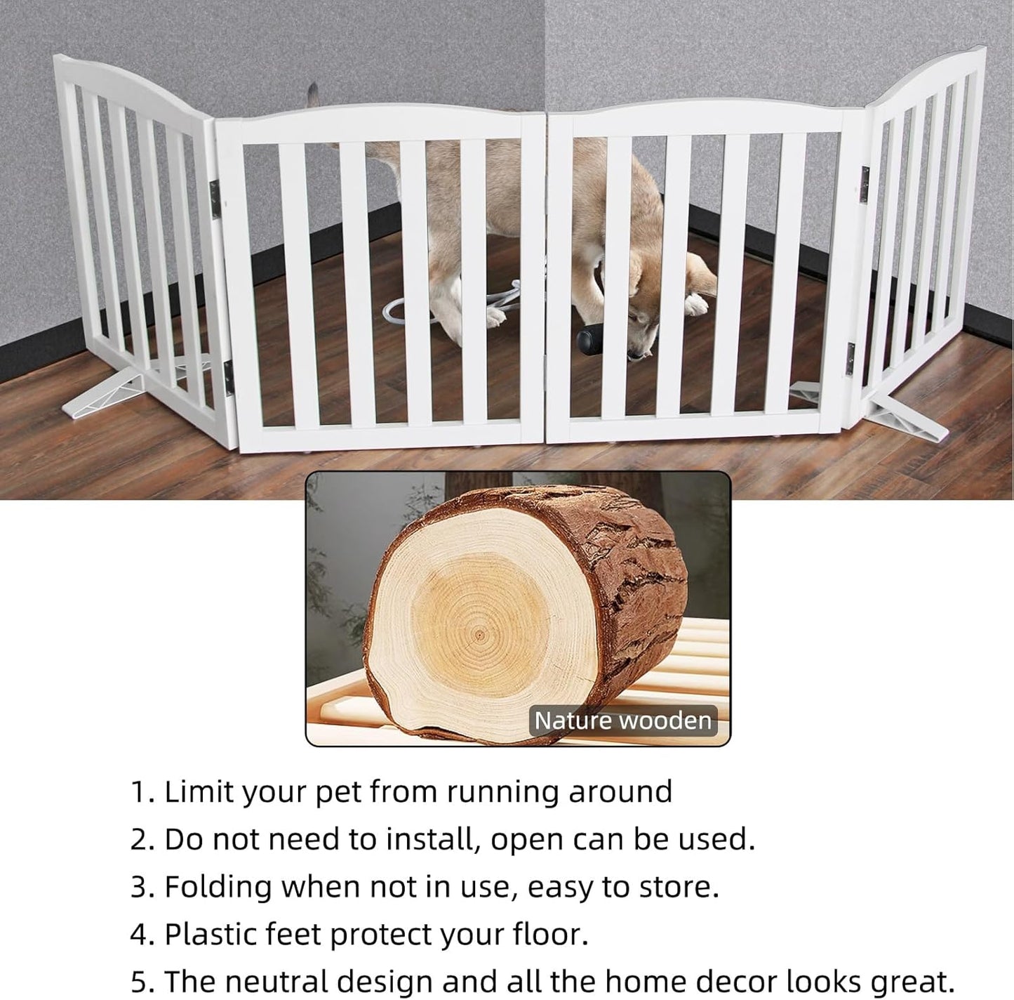 ZJSF Foldable Freestanding Indoor Dog Gate for House Wood White Long Pet Gates Dog Fence for Stairs Puppy Gates for Hallways,Pet Fence, Puppy Gate,Support Feet Included 32 "Height-3 Panels