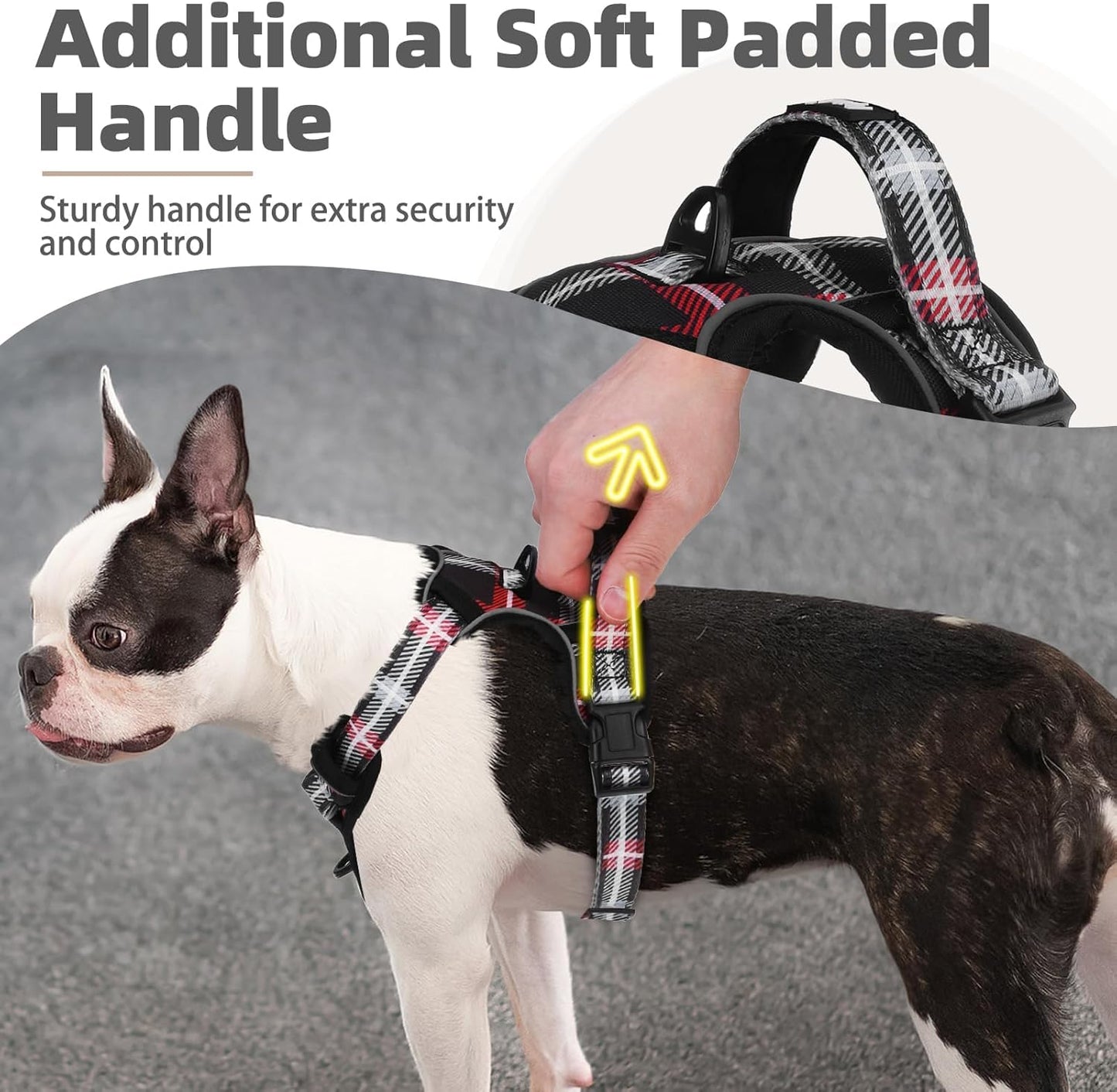 PUPTECK No Pull Dog Harness Small Sized, Adjustable Reflective Dog Harness with Handle Easy Control, Comfortable Soft Padded Pet Vest Harness for Small Dogs, Plaid Black M