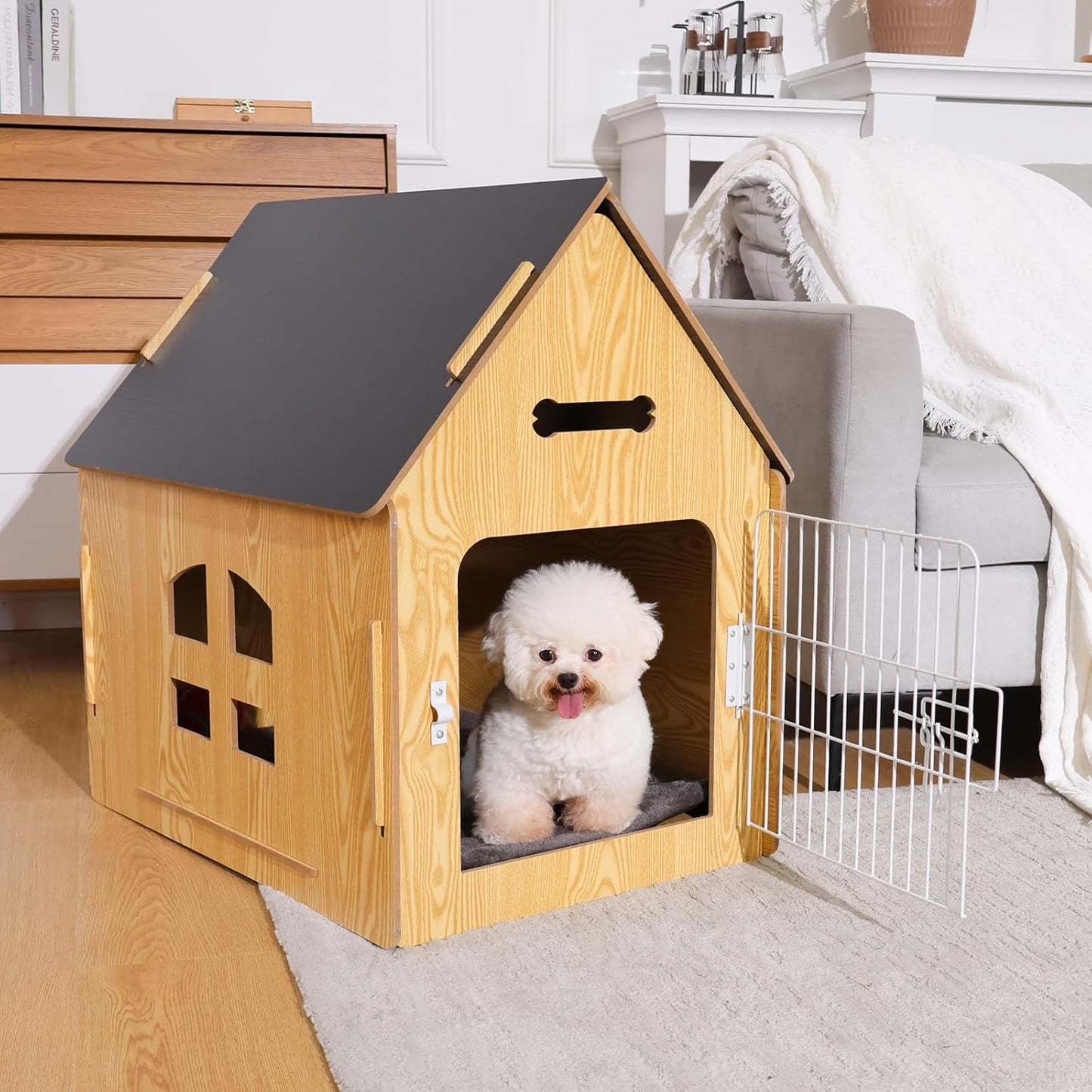 Dog House Indoor for Small Dogs or Cats, Cozy Wooden Design, Small Indoor Bed House, with Air Vents and Elevated Floor Warm Dog Cave