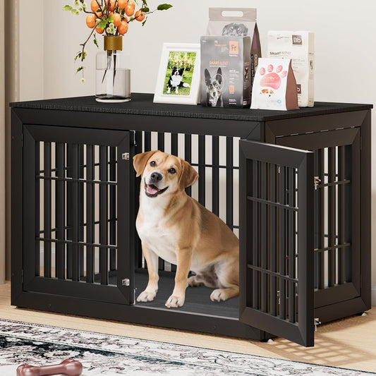 48" Heavy Duty Dog Crate Furniture for Small,Medium and Large Dogs,Rustic Wooden Dog Cage Kennel Indoor Furniture with Waterproof Top,Decorative Pet House Side End Table (Black)