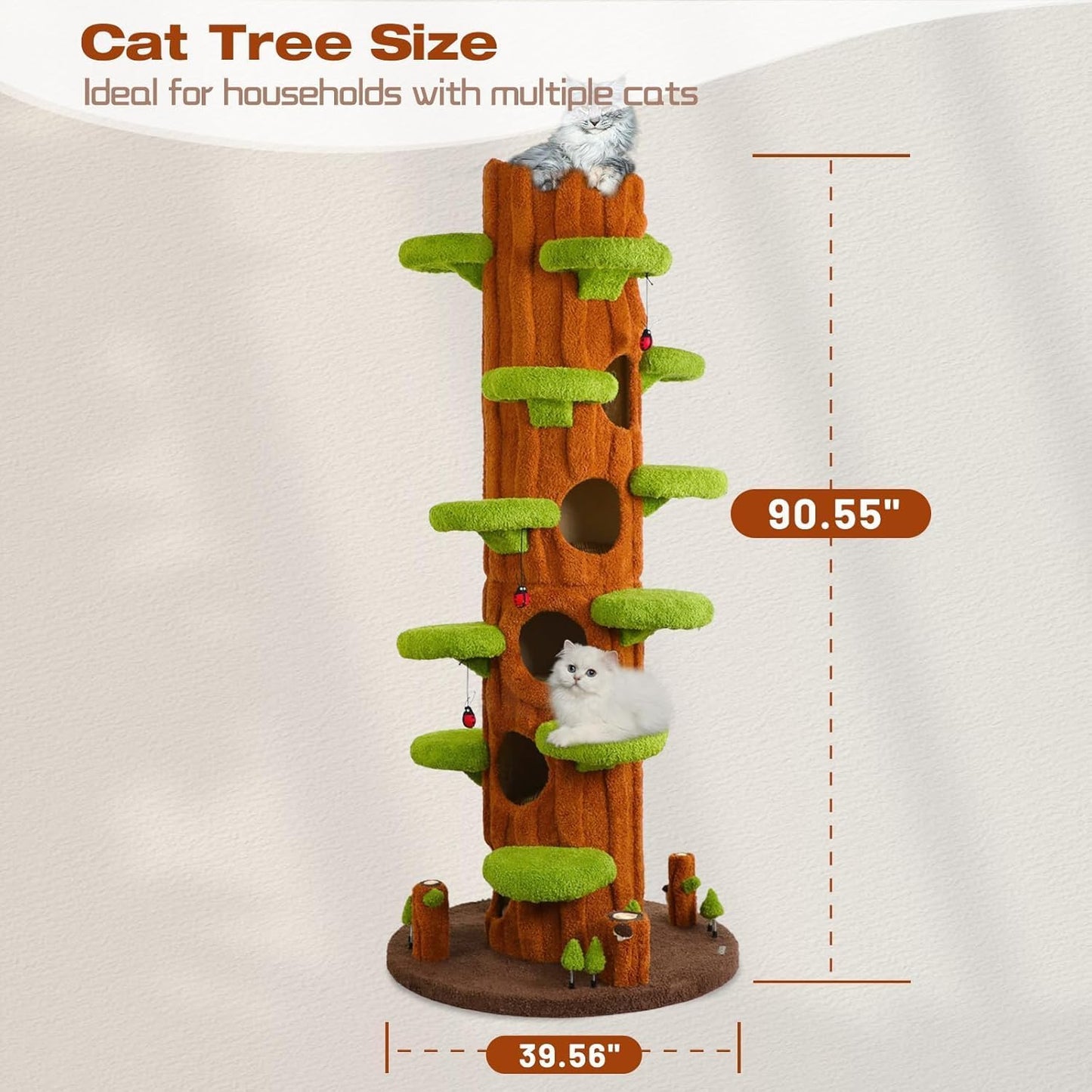 Extra Large Cat Tree Tower,90.55" Tall Forest Theme Cat Condo for Indoor Cats,Multi-Level Luxury Huge Cat Condo with Scratching Mats,Removable Mats,Heavy Duty House with Toys for Multi-Cat Household