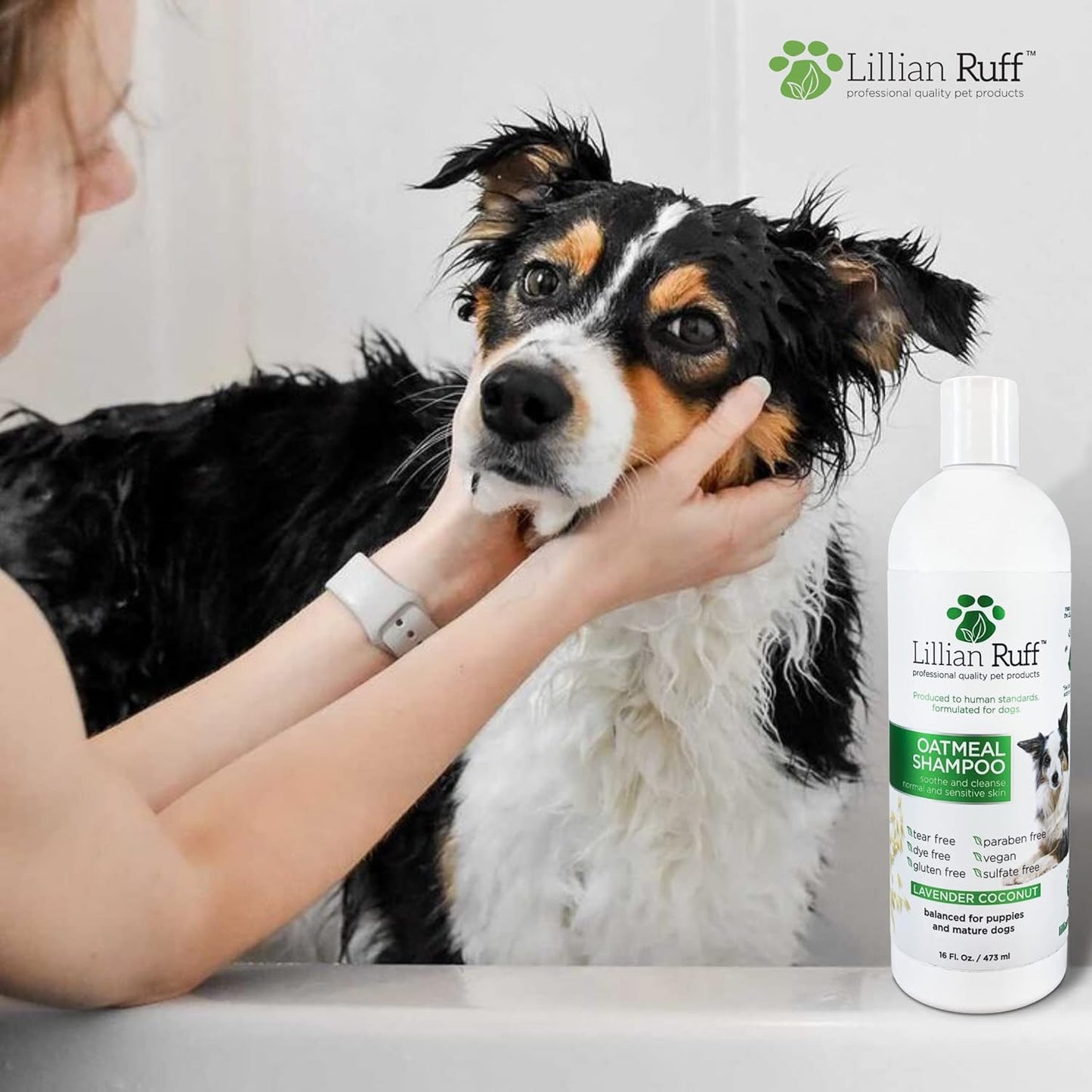 Lillian Ruff Calming Oatmeal Pet Shampoo for Dry Skin & Itch Relief with Aloe & Hydrating Essential Oils - Replenish Moisture & Deodorize - Gentle Dog Shampoo for Normal/Sensitive Skin (16oz & Brush)