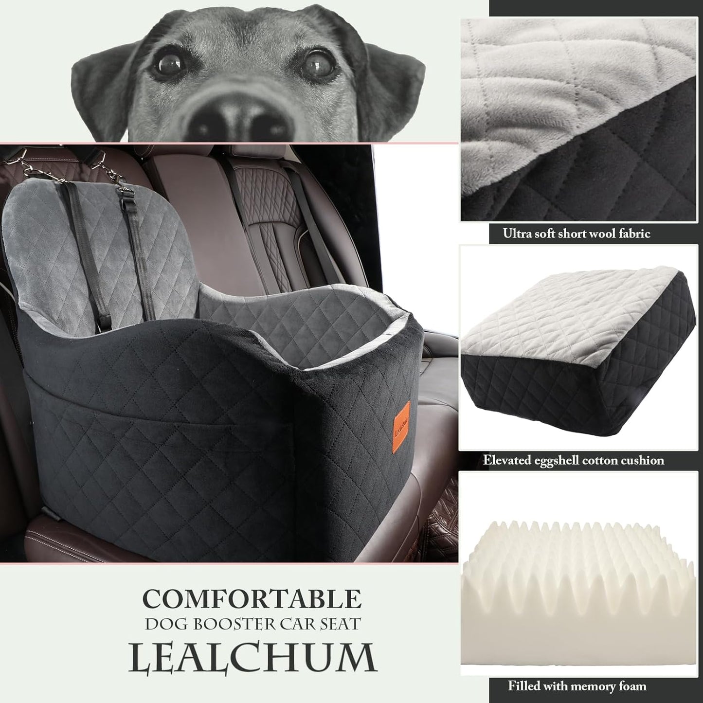 Dog Booster Car Seat for Small/Medium Dogs,6in Memory Foam Elevated Cushion,Fully Detachable and Washable,2 Clip-On Safety Leashes,Anti-Slip Base(Black/Grey,Medium)