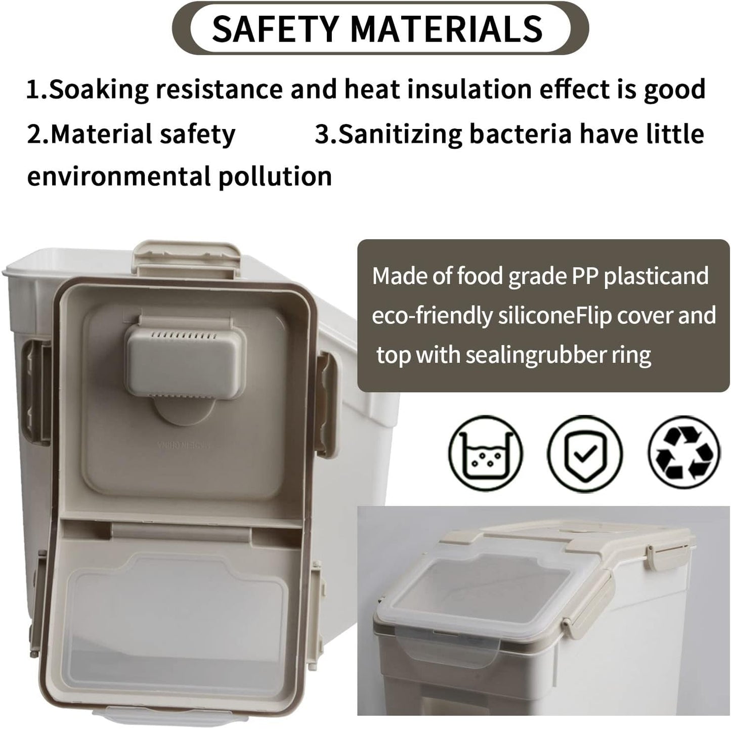 AnRui Airtight Flour Storage Container 25lb, Plastic Grain Storage Bucket, Rice Cereal Dispenser Organizer Box with Lid, Cat Dog Food Storage Bin with Measuring Cup, Scoop, Wheels, 2Pcs Grey