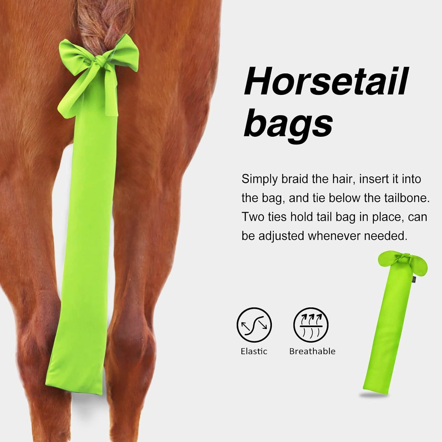 Harrison Howard Stretchy Tail Bag Breathable Horse Tail Guard Slip on Design Protect Horse Tail 2 Strand Closure Straps Keep Tail Clean & Protected 22" L Length Makes Grooming Easy-Fluro Lime