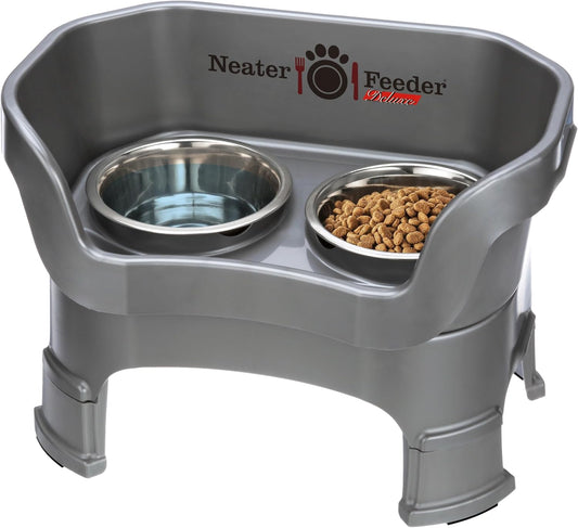 Neater Feeder Deluxe Mess Proof Dog Bowls Elevated Medium Sized Dogs (19-40 lbs) Made in USA, No Spill Raised Dog Food Bowl Stand w/Leg Extension, Stainless Steel Food and Water Bowl Set, Grey