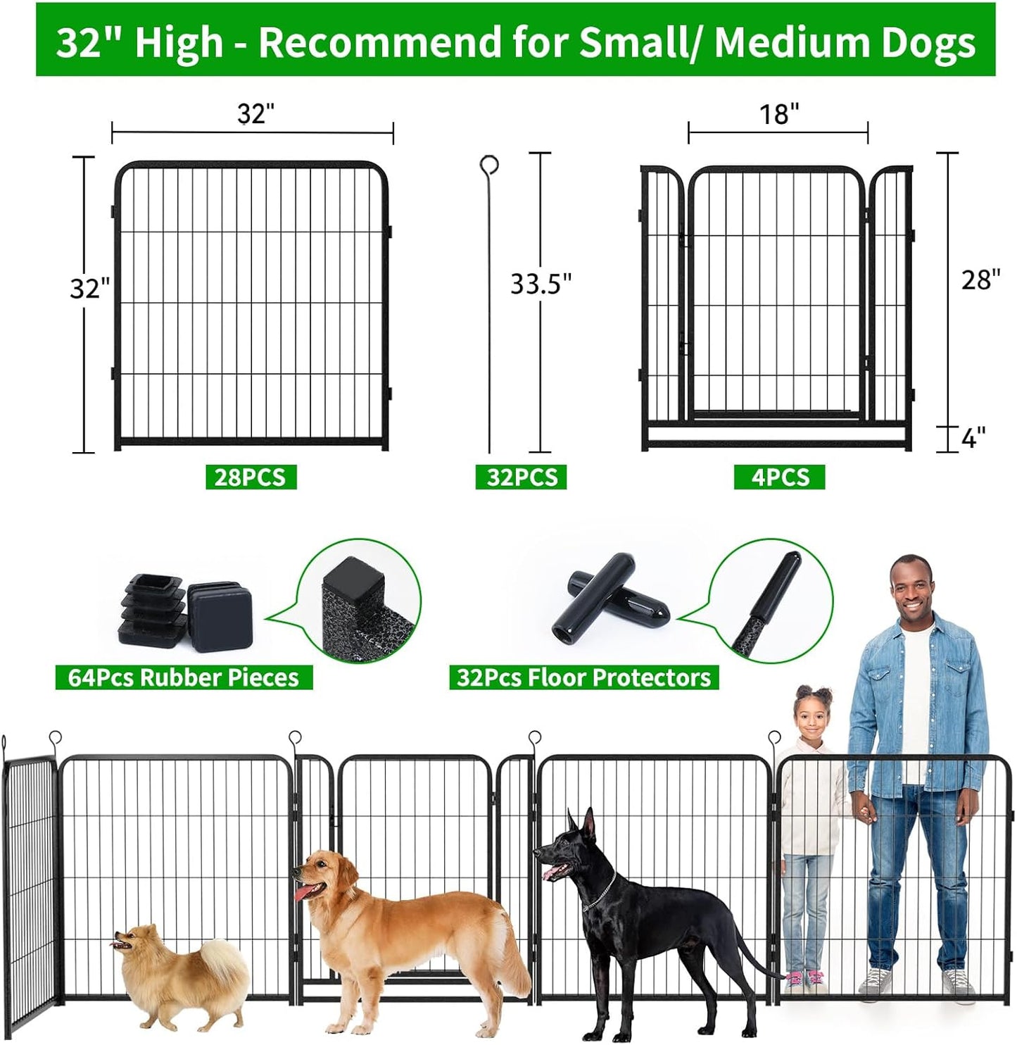 Dog Playpen Outdoor Extra Wide 8 Panels Heavy Duty Dog Fence 32" Height Anti-Rust with Doors Portable for RV Camping Yard, Total 21FT, 35 Sq.ft, Snowy Black