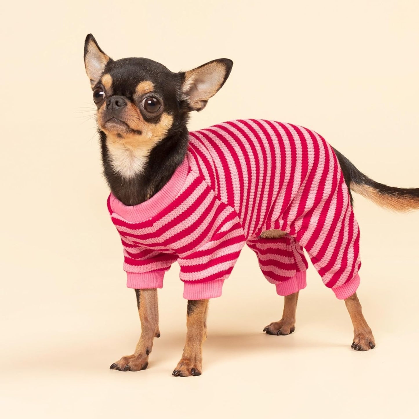 Fitwarm Pink and Red Striped Dog Pajamas, Waffle Dog Clothes for Small Dogs Girl Boy, Puppy Onesie with Feet, Pet Cat Outfit, XXL