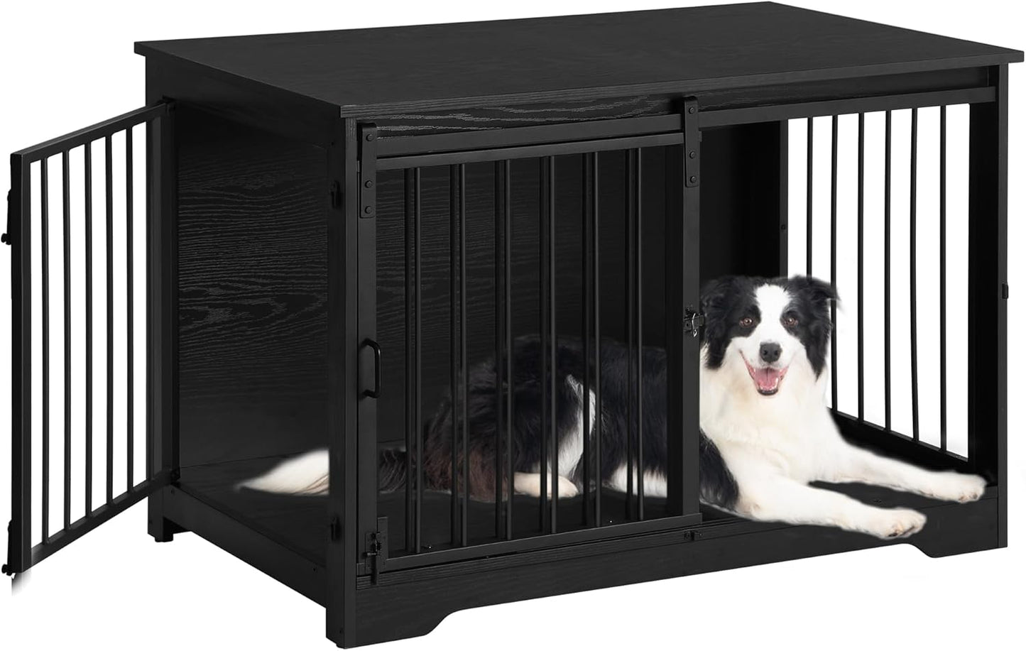 39.3" Dog Crate Furniture with Barn Door, Heavy Duty Dog Kennel Indoor with 2 Doors, Wooden Pet Cage End Table for Large Small Medium Dogs, Anti-Chew Anti-Escape, Black DFC02304B