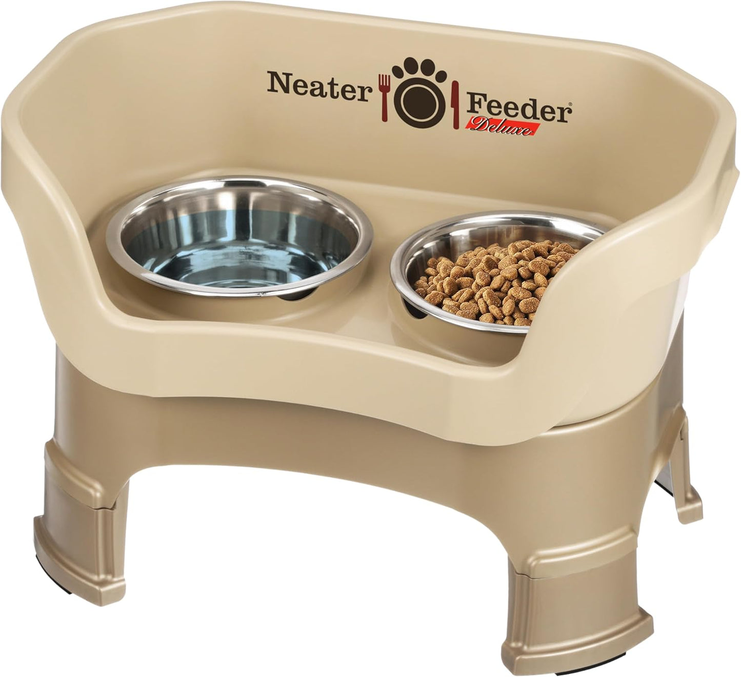 Neater Feeder Deluxe Mess Proof Dog Bowls Elevated Medium Sized Dogs (19-40 lbs) Made in USA, No Spill Raised Dog Food Bowl Stand w/Leg Extension, Stainless Steel Food and Water Bowl Set, Cappuccino