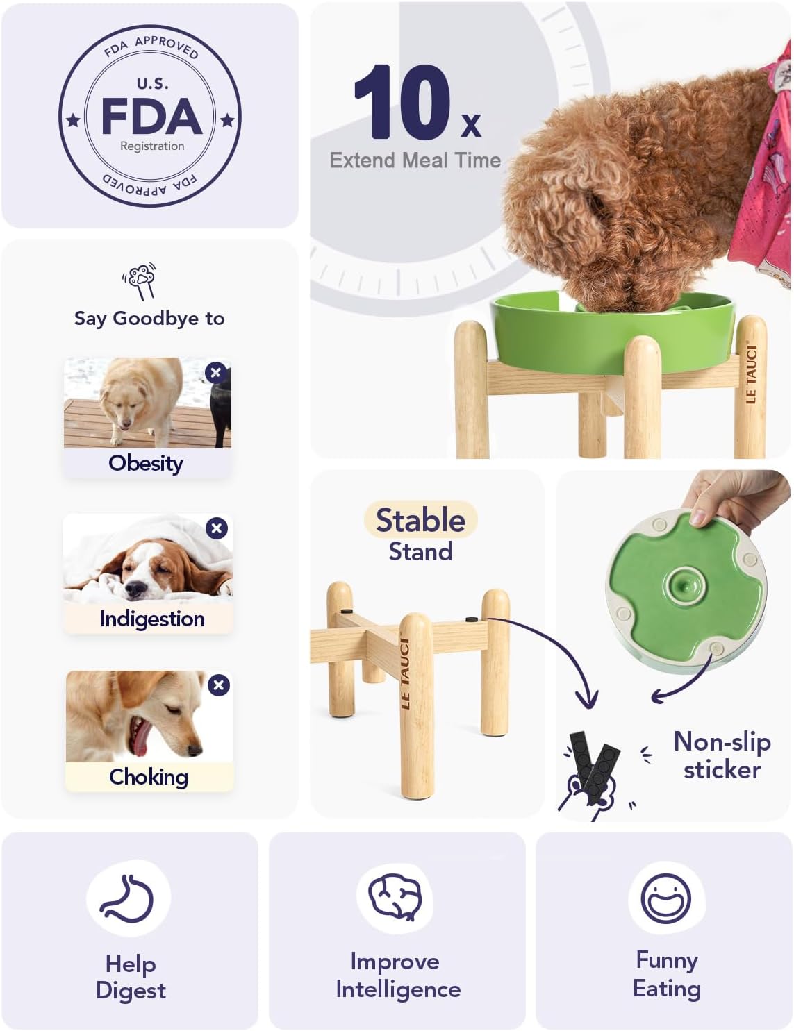 LE TAUCI Ceramic Slow Feed Dog Bowls, Elevated for Small Breeds, Anti-Gulping, Non-Slip, 6 inch, Green