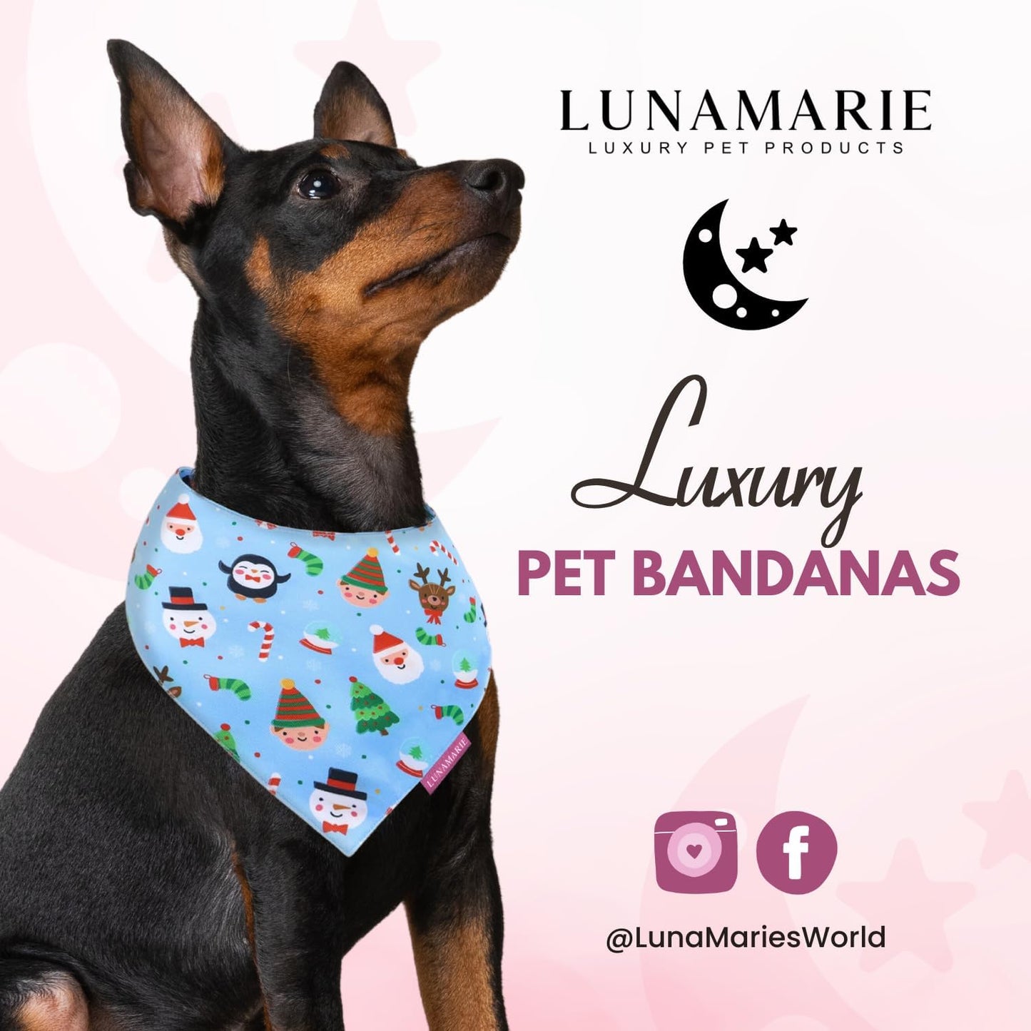 LunaMarie - Luxury Pet Birthday Bandanas -Premium & Silky Poly Fabric | 100% Handmade | Custom Shape Dual Layered (Santa's North Pole, Small)