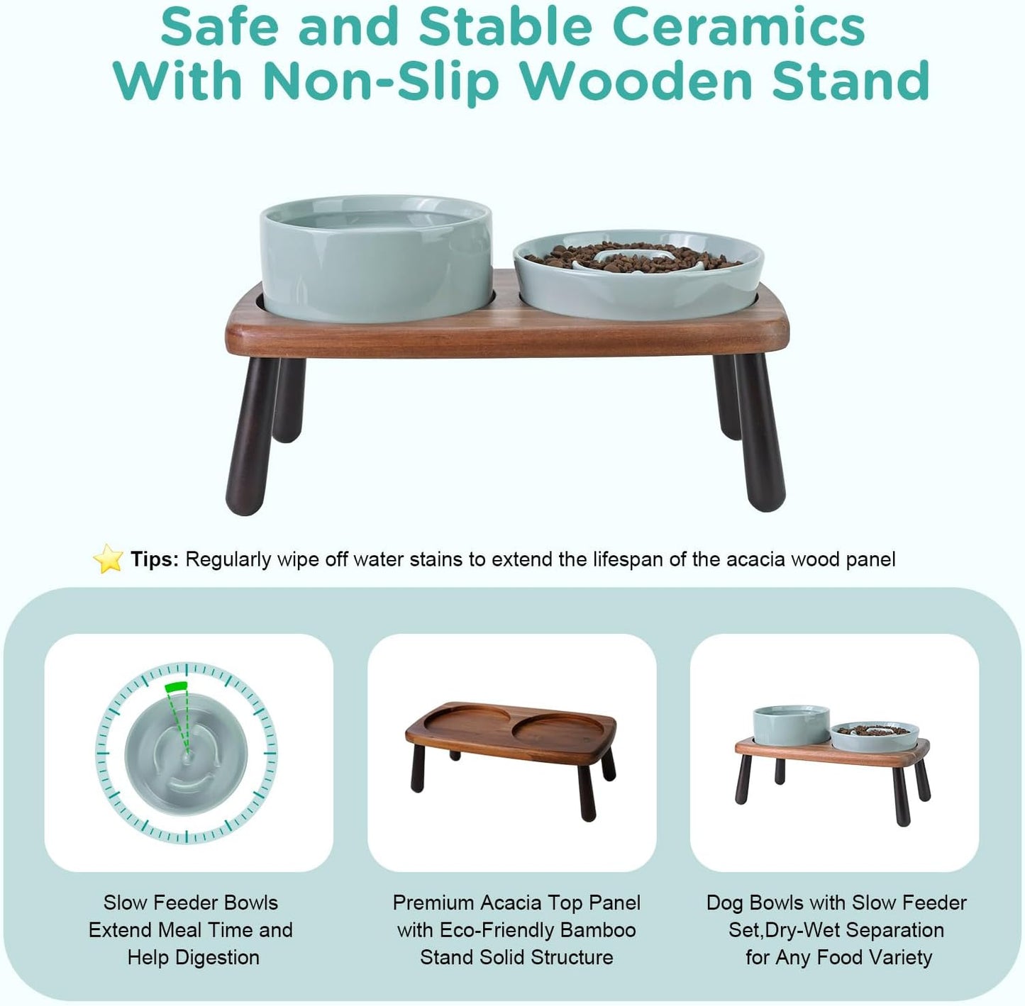 SPUNKYJUNKY Ceramic Elevated Dog Bowls with Slow Feeder Raised with Acacia Bamboo Wooden Stand, 6.1'' Dog and Cat Food Water Bowls Set Non-Slip for Small Medium Sized Breed - Light Green