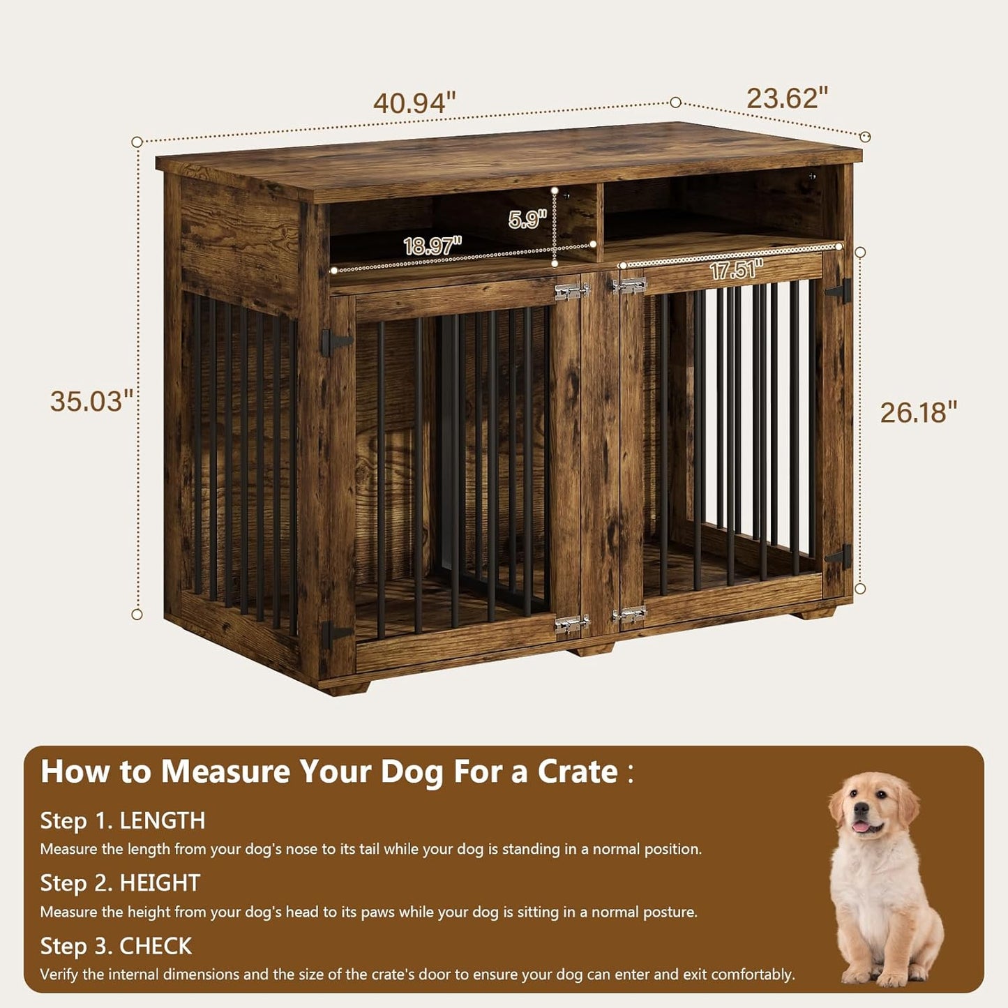 Furniture Dog Crate for 2 Dogs, 41 Inch Dog Kennel Furniture with Removable Divider and Shelf Storage, Wooden Dog Crate for Small/Medium Dogs, Rustic Brown