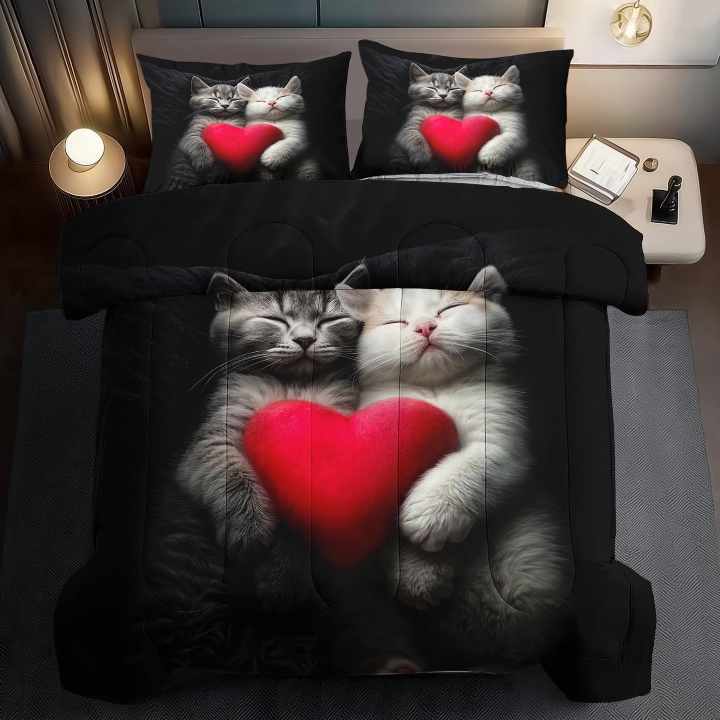 Cute Cat Comforter Set King,Kawaii Cat Bedding Set for Girls,Cute Animal Comforter Red Love Heart Bedding Decor,Kawaii Farm Animal Quilt Patterns Kids and Adults