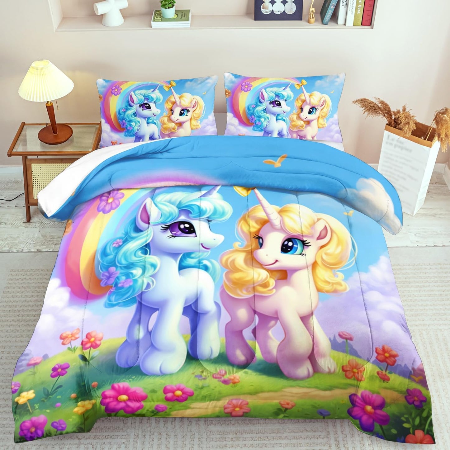 Unicorn Comforter Set Full,Kawaii Unicorn Bedding Set Full Kids,Rainbow Comforter Blue Bedroom Decor,Cute Animal Bedding Rainbow Bed Decor for Girls,Cartoon Blue Floral Quilt