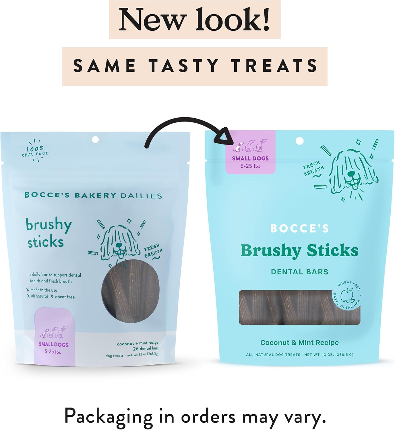 Bocce’s Bakery Dailies Brushy Sticks to Support Oral Health & Fresh Breath, Wheat-Free Dental Bars for Dogs, Made with Real Ingredients, Baked in the USA, All-Natural Coconut & Mint Recipe, Small Dogs