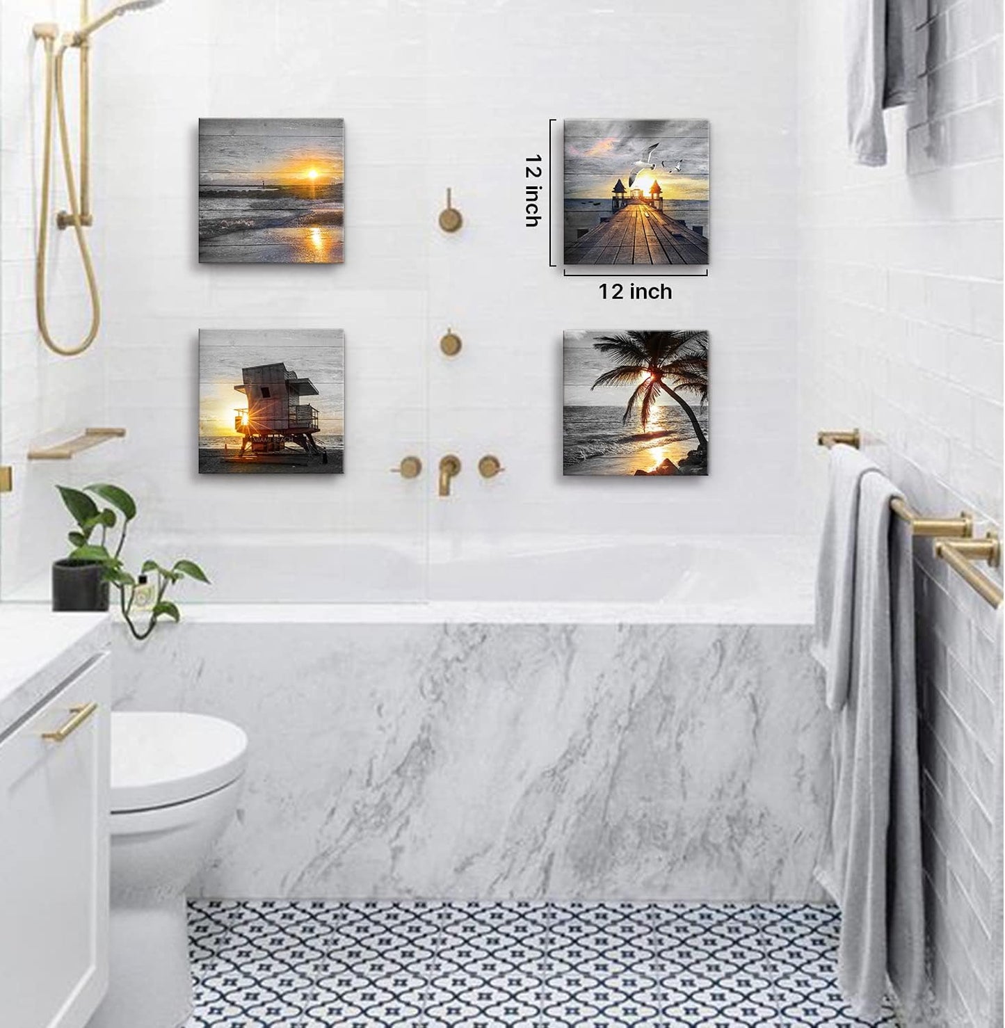 Yxbhhym- Bathroom Wall Art Black and White Gold Beach Wall Art Ocean Canvas Print Sunrise Sunset Seascape Scenery Painting Poster Framed Picture Bedroom Wall Decor Living Room Office Wall Decoration