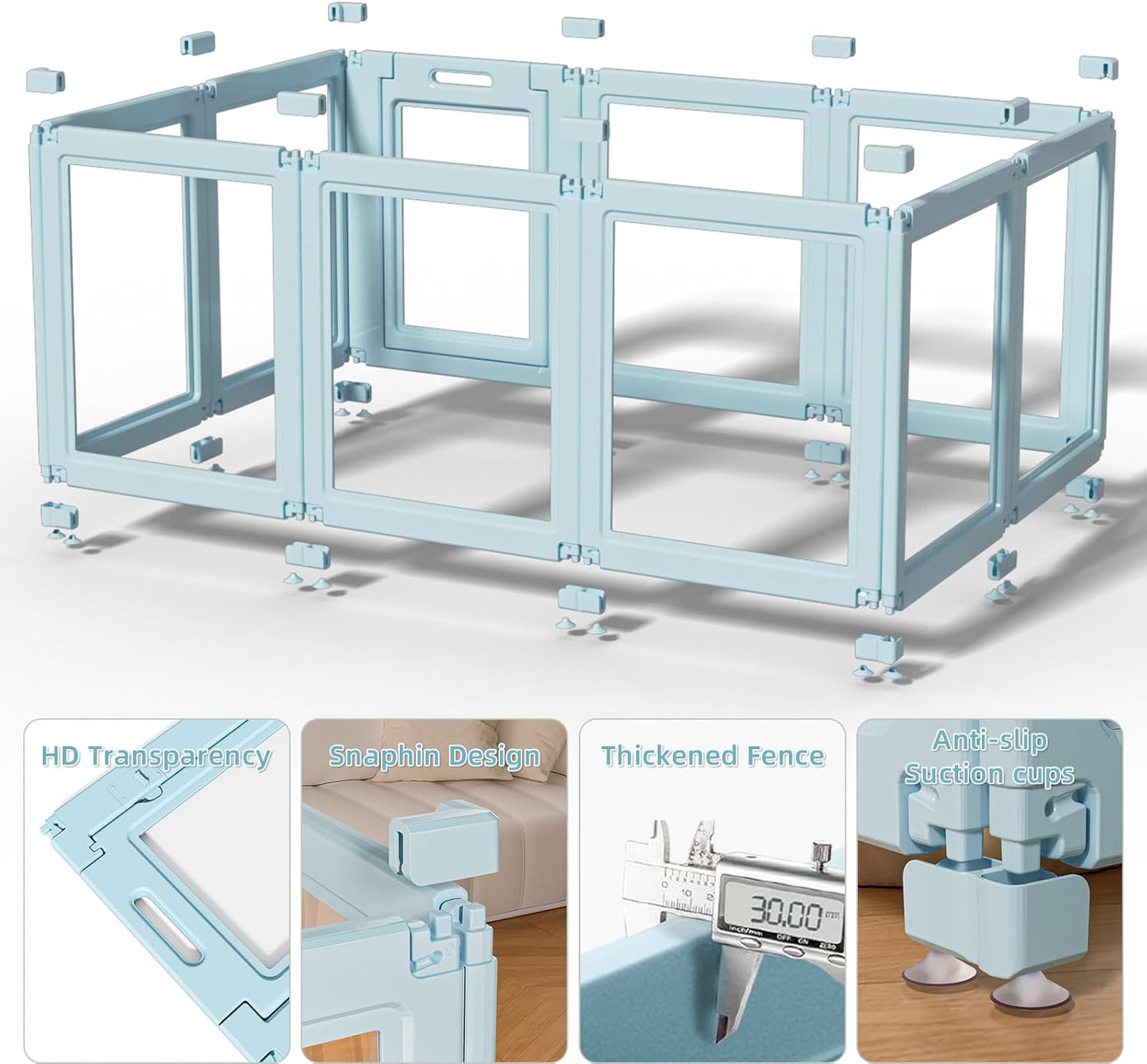 DIY Clear Acrylic Dog Playpen House,Quick Easy Assembly and Disassembly,Strong Floor Suction,Indoor and Outdoor Use,Easy Cleansing Puppy Fence (Sky Blue, 30.3" H, 8PCS)