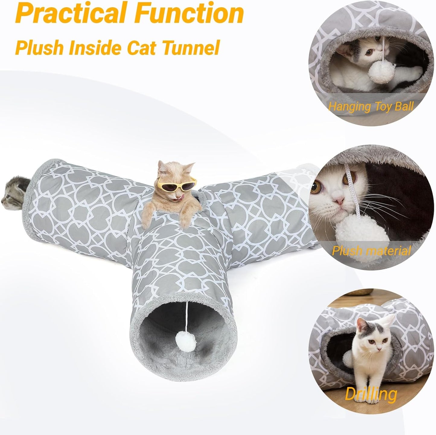 LUCKITTY Geometric 3 Way Cat Tunnel with Plush Inside,Cats Toys Collapsible Tunnel Tube with Balls, for Rabbits, Kittens, Ferrets,Puppy and Dogs