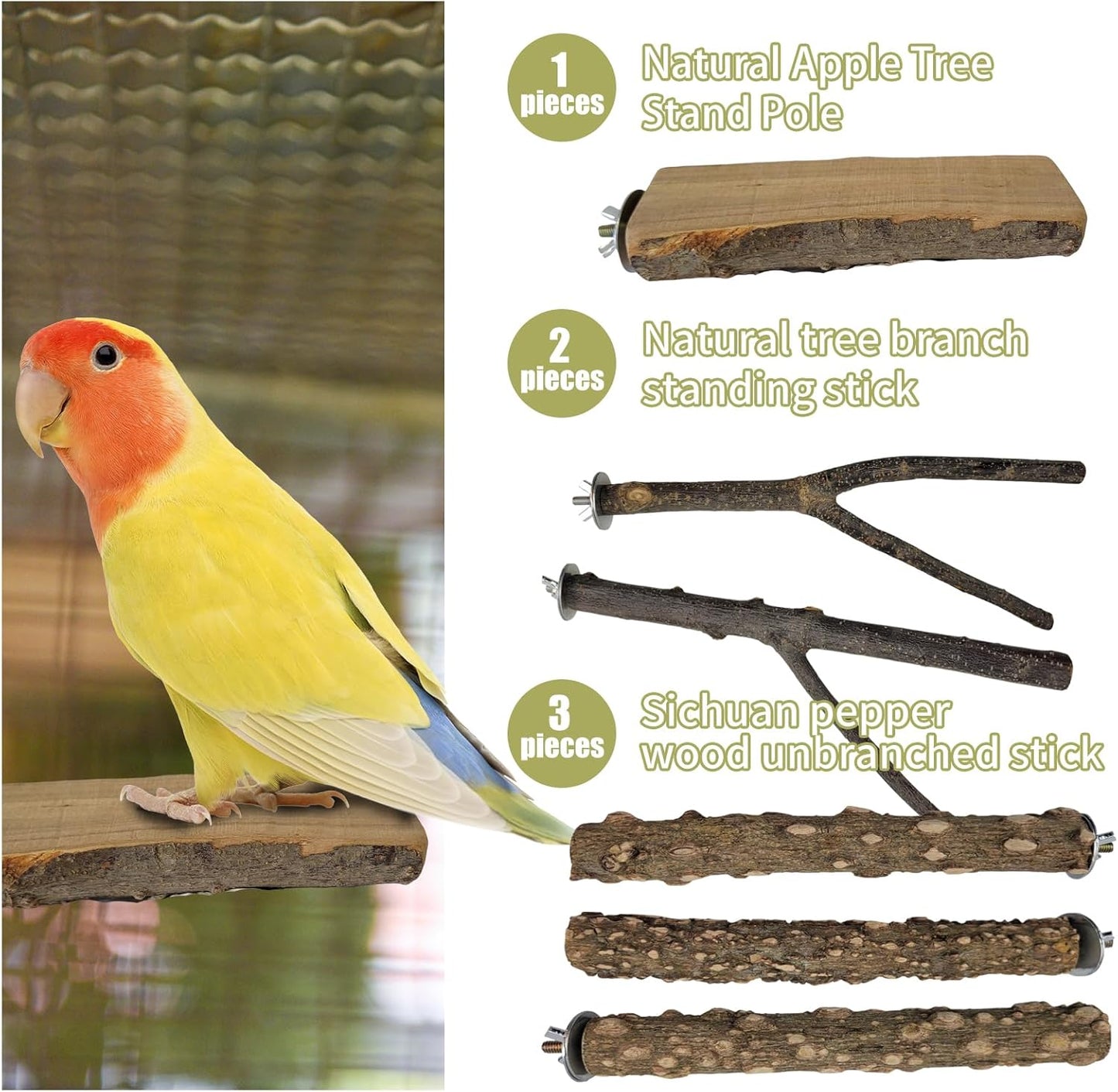 Bird Toys, Natural Parrot Toys for Small Macaws, Budgies, Lovebirds, Finches, Small and Medium Sized Birds Peppercorn Wood Apple Tree Perch Wood Set
