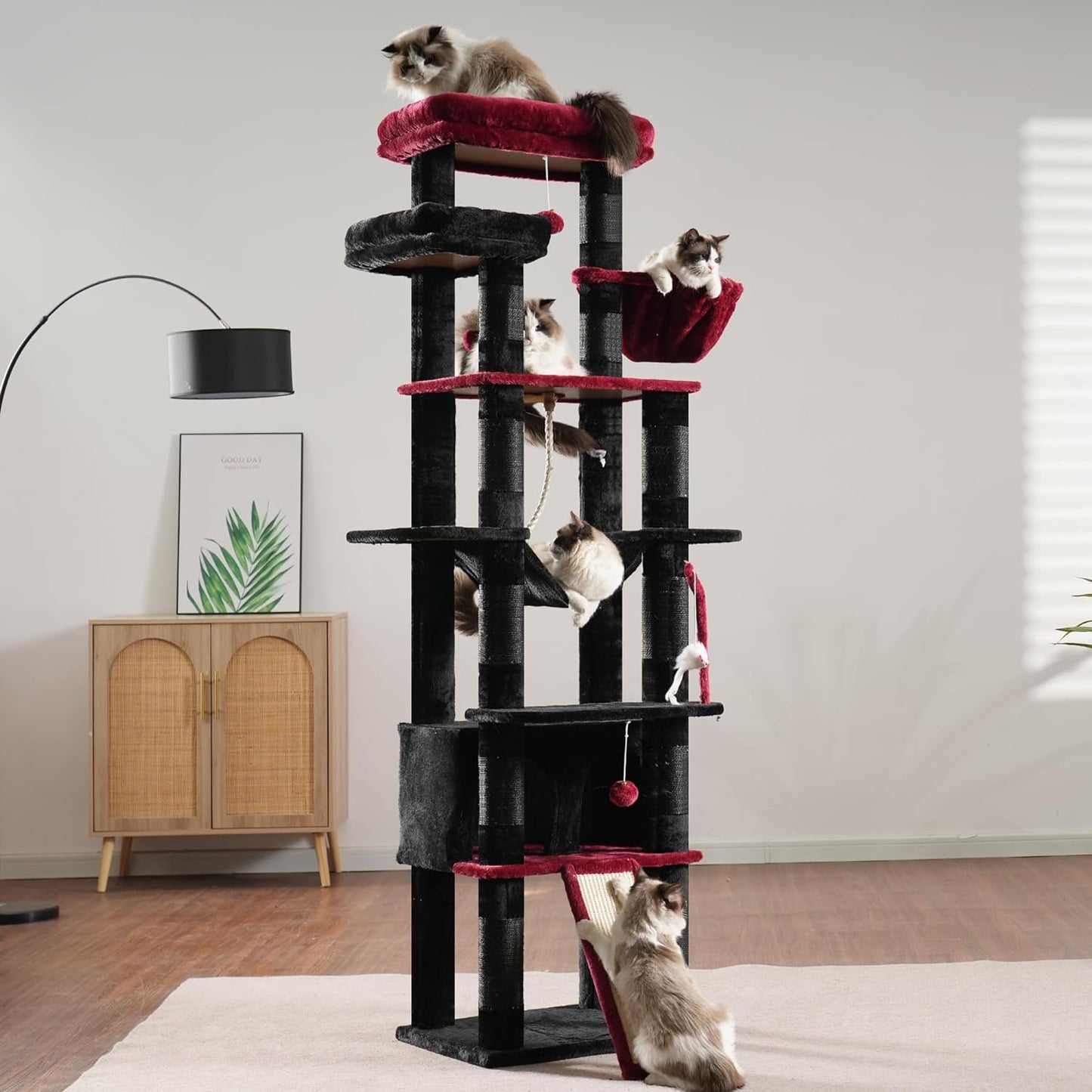 Heybly Tall Cat Tree, 78-inch Multi-Level Cat Tower for Indoor Cats, 2 Widened Plush Perches Cat Condo with Scratching Board and Big Caves, Black and Red HCT033BR