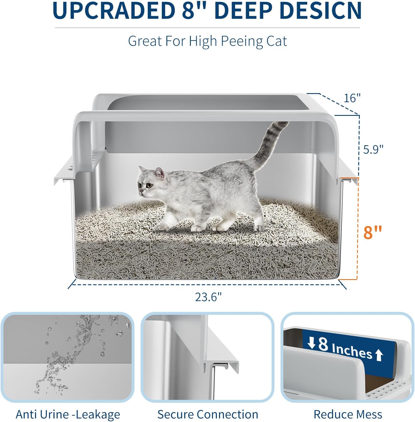 Stainless Steel Cat Litter Box 8 inch, XXL Large Cat Litter Tray with High Side, Platform Step and Scoop for Big Cats Multiple Cats, Easy Clean