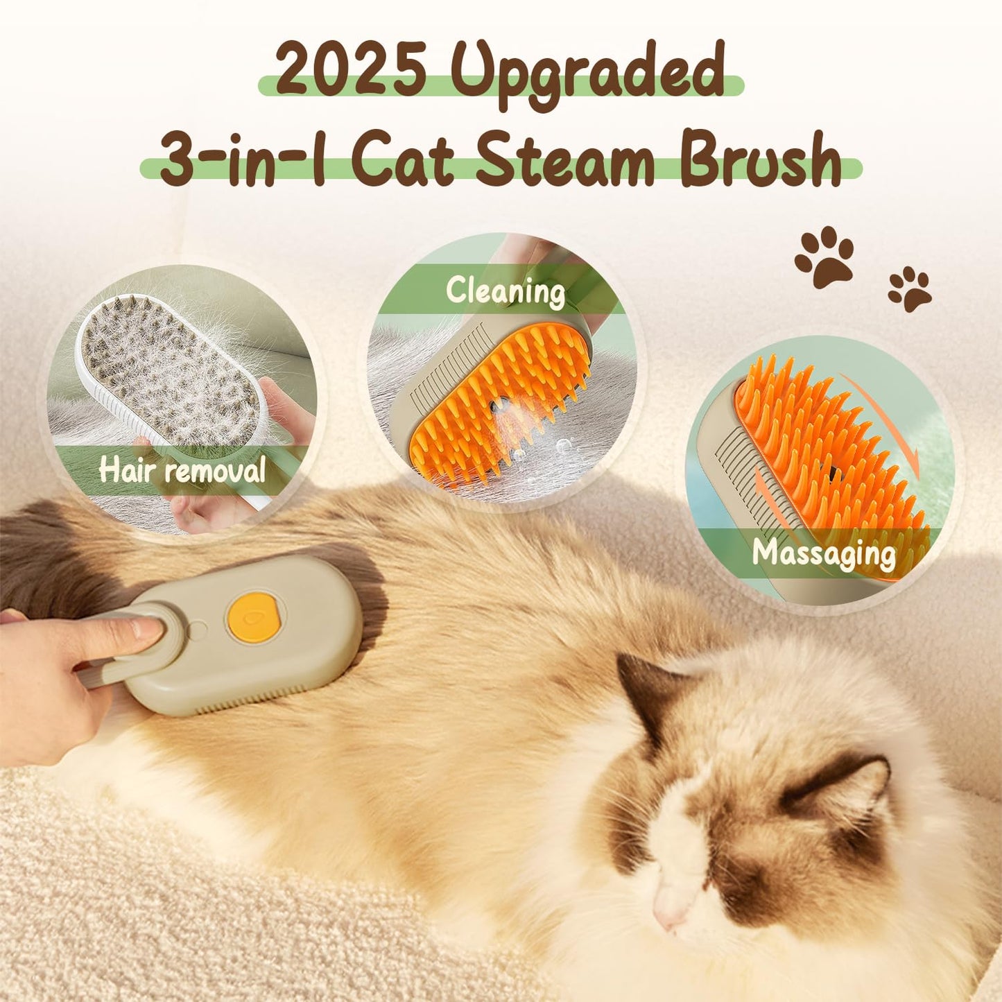 Upgrade Cat Steam Brush, 3 in 1 Pet Steam Groomer Brush, Rechargeable Pet Steam Groomer Comb for Massaging and Cleaning Shedding Pets Hair, Anti-Static Hair Removal Comb for Cats Dogs (Khaki)