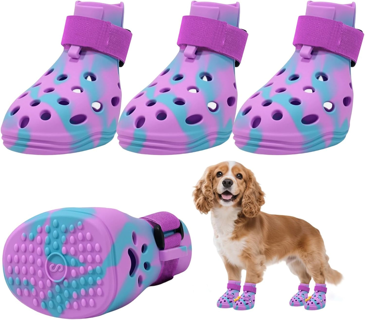 Dog Shoes for Hot Pavement, Adjustable Magic Tape Boots for Small, Medium & Large Dogs, Anti-Slip, Easy to Clean Paw Protectors for Beach, Outdoor & Hot Weather (Purple S)