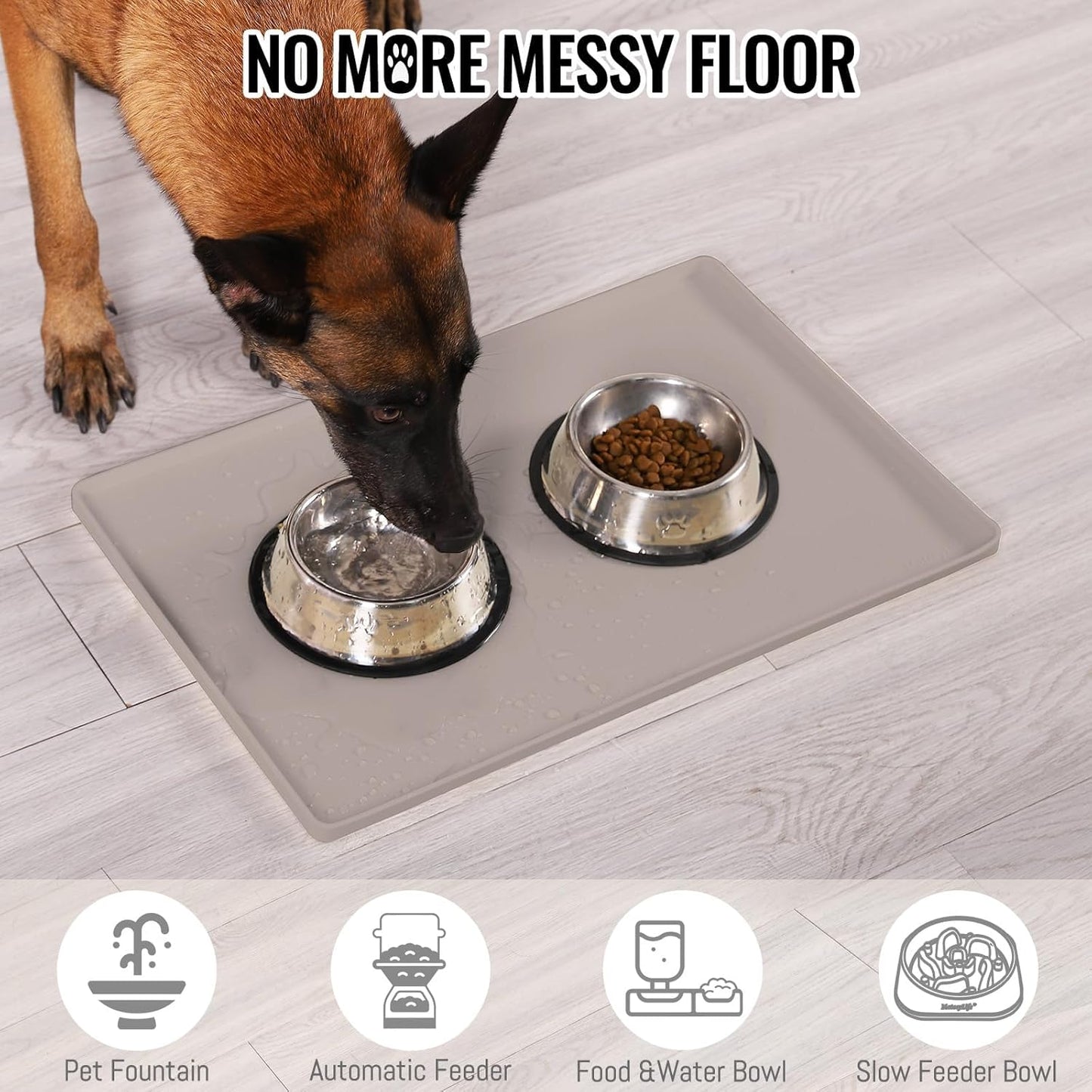 MateeyLife Dog & Cat Food Water Mat for Floors Waterproof, Nonslip Pets Bowl Feeding Mats with Raised Edges, Silicone Matt Tray for Messy Drinkers, 24"x16", Taupe
