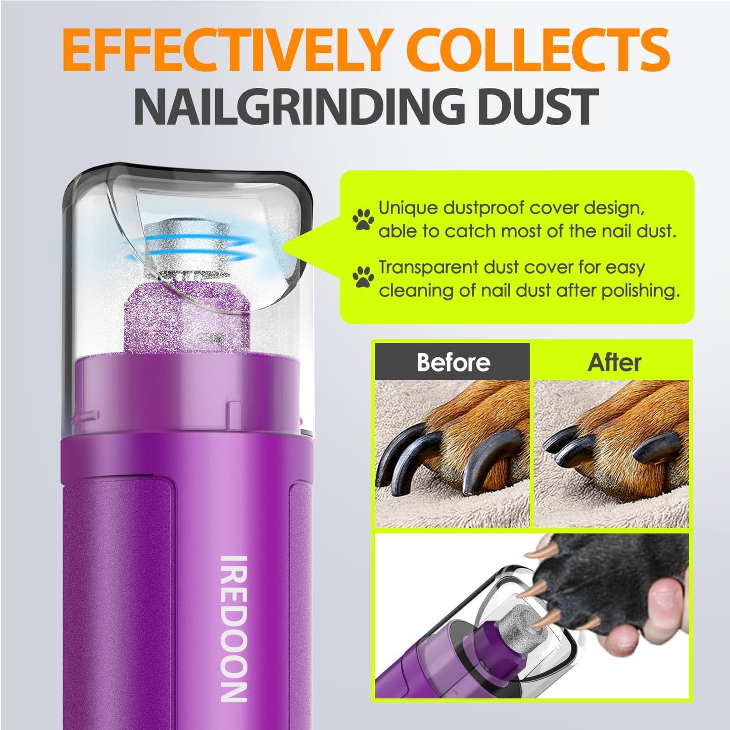 Dog Nail Grinder Upgraded - Professional 3-Speed Super Quiet and Low Vibration Electric Pet Nail Grinder with 4 LED Lights - Painless Paws Grooming & Smoothing for Small to Large Dogs (Purple)