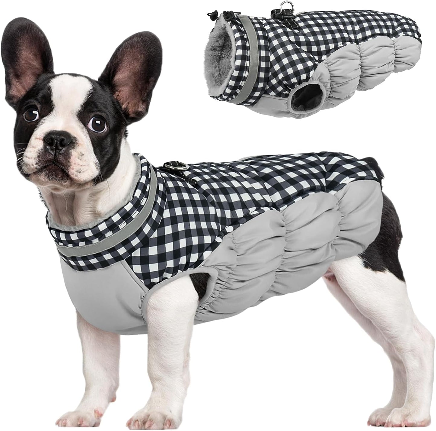 FUAMEY Dog Coat for Medium Dogs,Waterproof Dog Winter Jacket with Harness Built in Puppy Cold Weather Coats Reflective Pet Vest with Zipper Warm Fleece Dogs Snowsuit Windproof Checkerboard M
