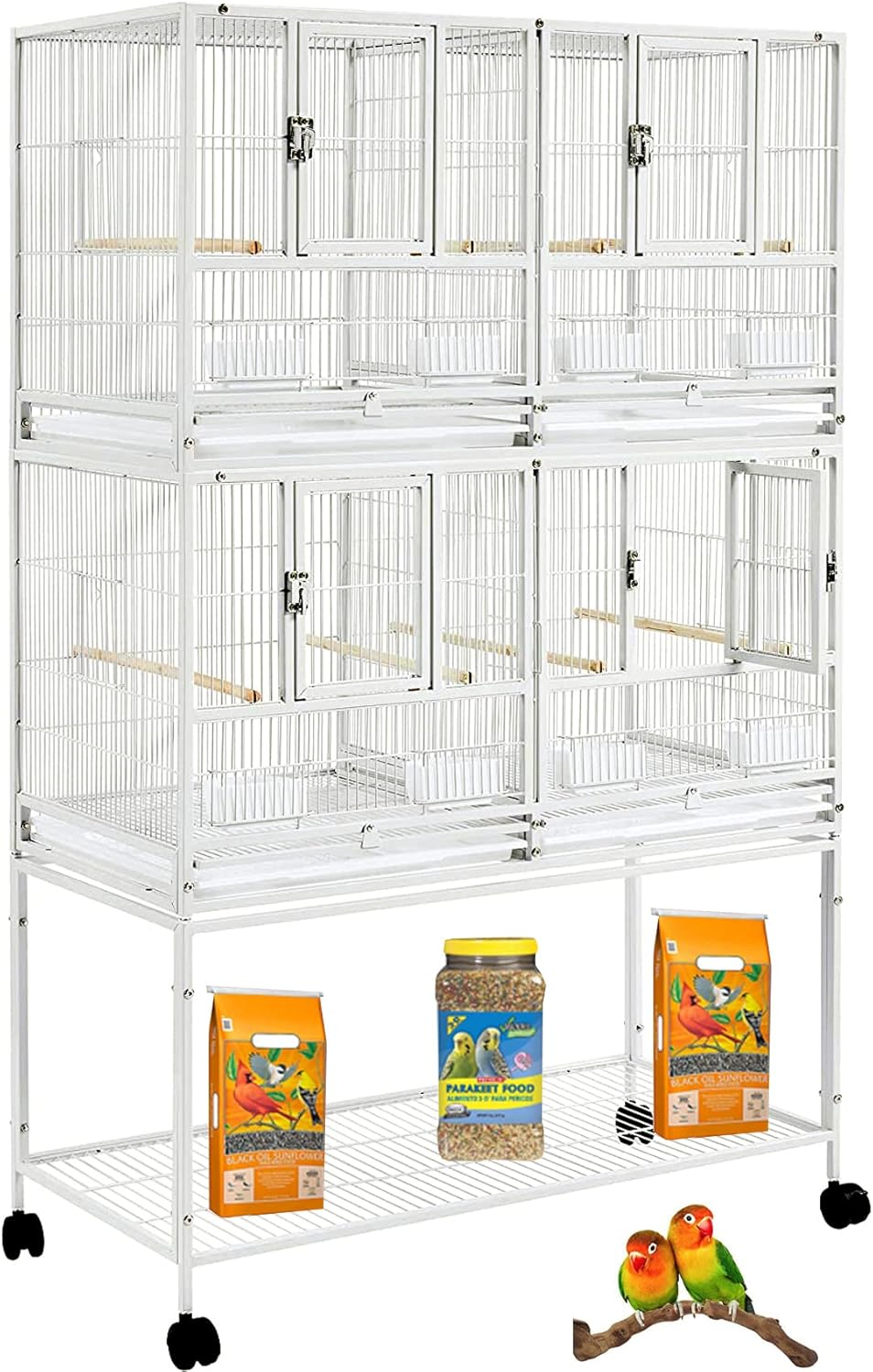 Stackable Center Divided Breeder Breeding Bird Flight Double Rolling Cage for Aviaries Canaries Cockatiels Lovebirds Finches Budgies Small Parrots (White Vein, Double Story)