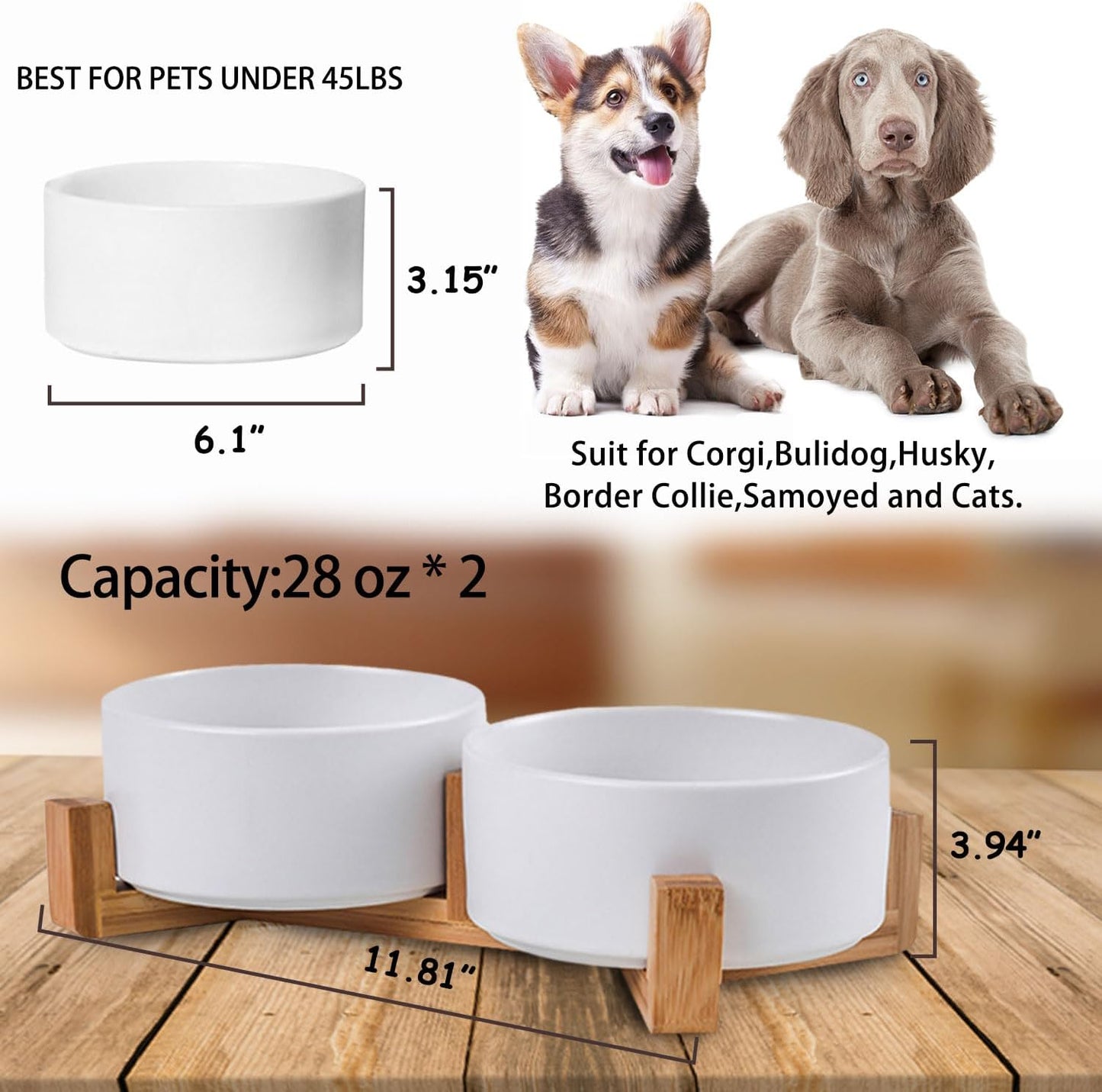 Petygooing Dog Bowls,White Ceramic Cat and Dog Bowl Set with Wood Stand for Food and Water, Non-Slip Cute Modern Pet Dish Set for Cats & Medium Dogs (28OZ)