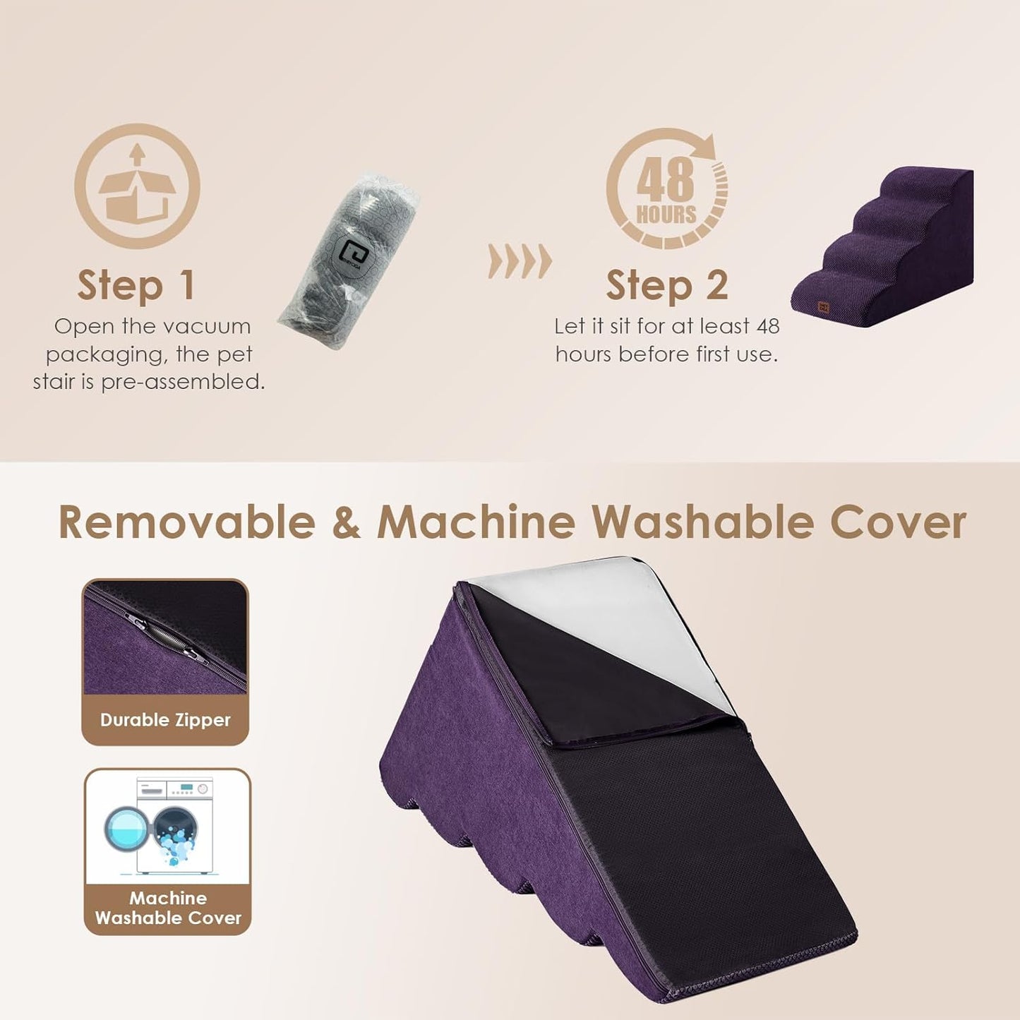 EHEYCIGA Curved Dog Stairs Ramp for High Beds 19.7" H, 4-Step Dog Steps for Small Dogs and Cats, Pet Stairs for High Bed Climbing, Non-Slip Balanced Pet Step Indoor, Purple