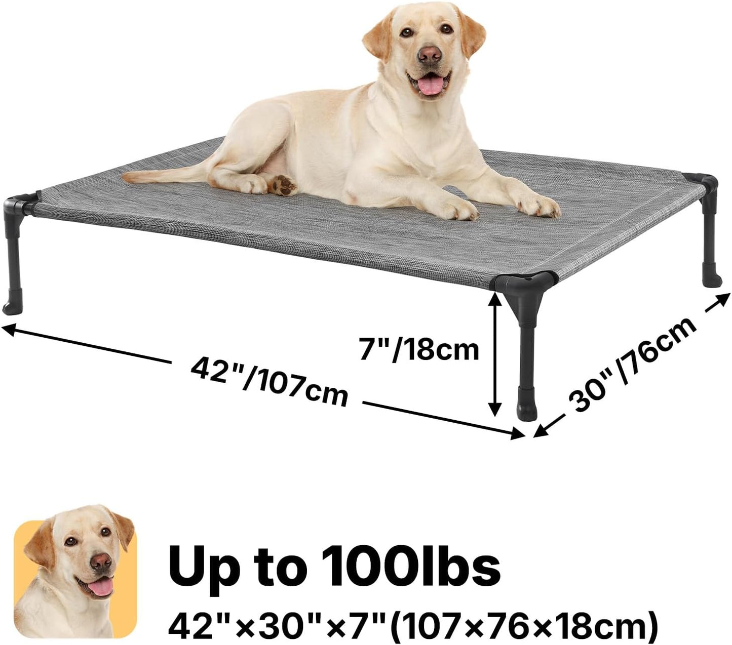 Veehoo Outdoor Elevated Dog Cot Bed, Cooling Raised Pet Bed for Large Dogs, Washable Breathable Mesh Hammock Bed with No-Slip Feet, Indestructible Ground Off Training Platform Cot-42"x30" Black Silver