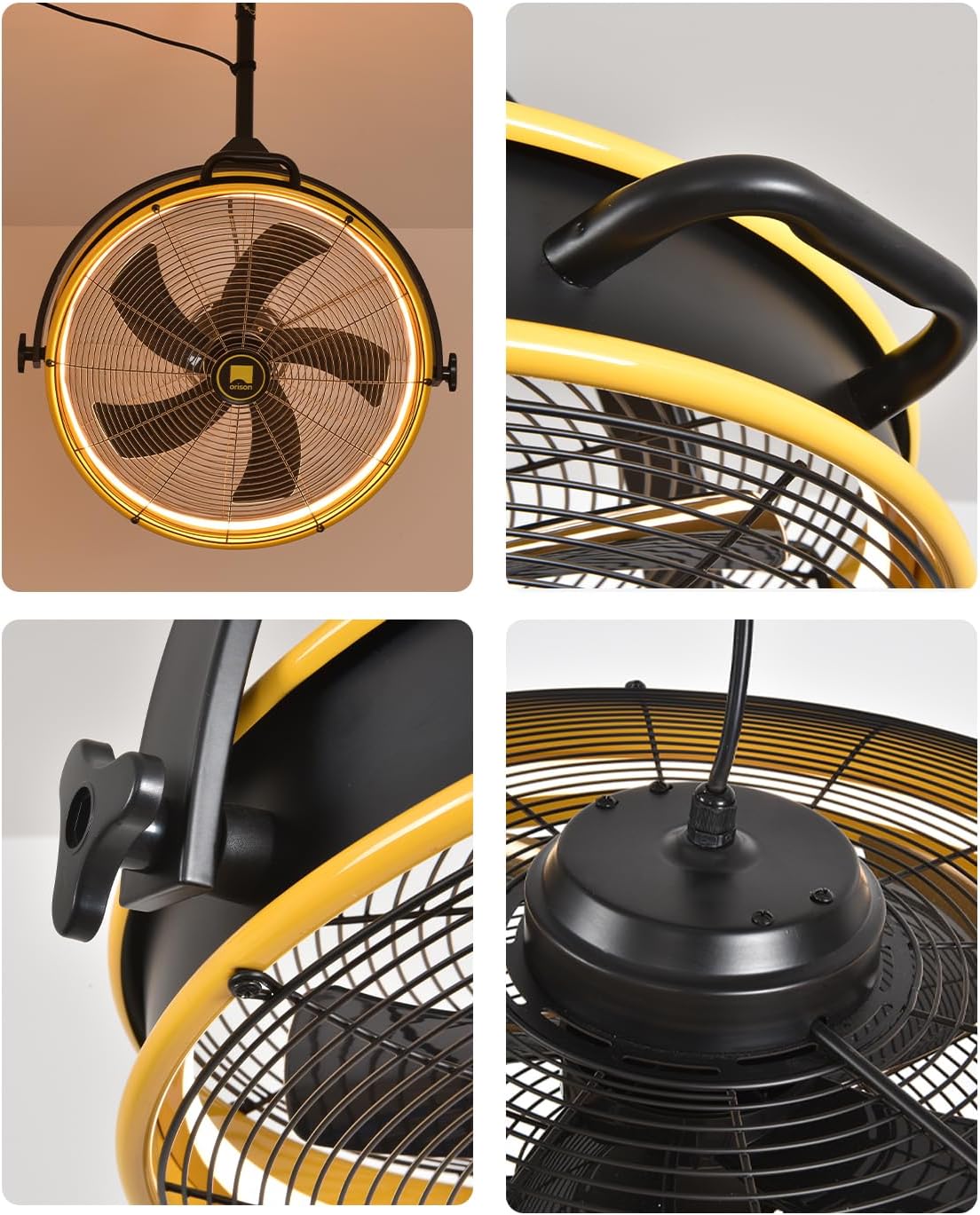 Orison 24.8'' Outdoor/Indoor Garage Ceiling Fan, 6 Speed Ceiling Mounted Plug-In Cord Garage Fan with Remote&APP, Manual Vertical Rotation, Hook hanging for Gazebo, Patio, Yellow&Black