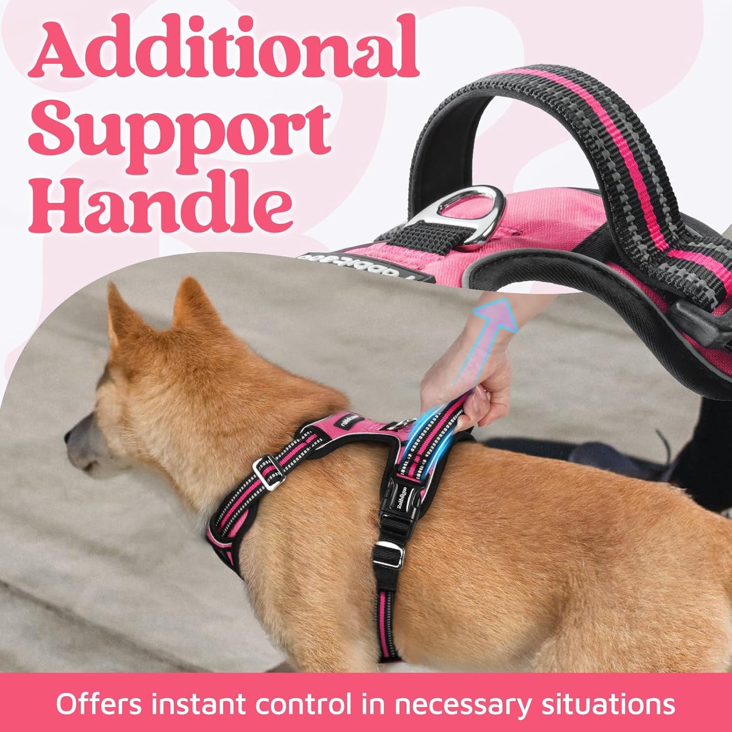 rabbitgoo Dog Harness for Large Dogs, No Pull Pet Vest with 3 Buckles, Adjustable Soft Padded Pet Harness with Easy Control Handle and Reflective Strips, Pink, L
