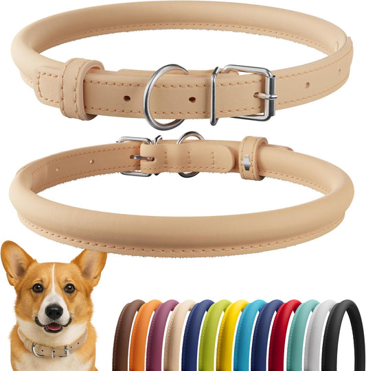 CollarDirect Rolled Leather Dog Collar, Soft Padded Round Puppy Collar, Handmade Genuine Leather Collar Dog Small Large Cat Collars 13 Colors (13-16 Inch, Beige Smooth)
