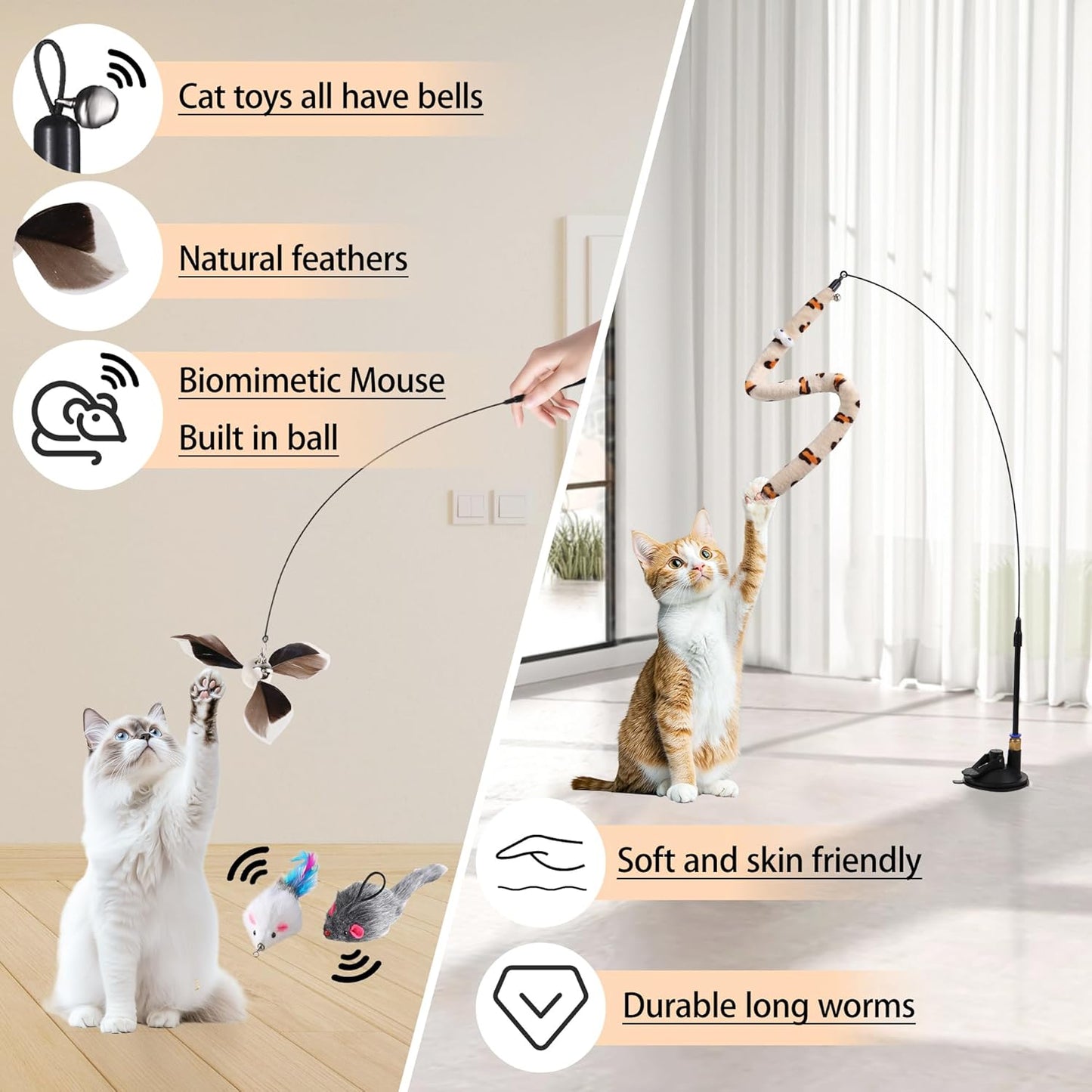 Soarer 4-in-1 Interactive Cat Feather Toys,12Pcs Durable Fishing Pole Cats Feathers Toy Replacements,Enhanced Suction Cup Cats Wand Toy,2 Types Door Hanging Cat String Toys for Indoor Kitten