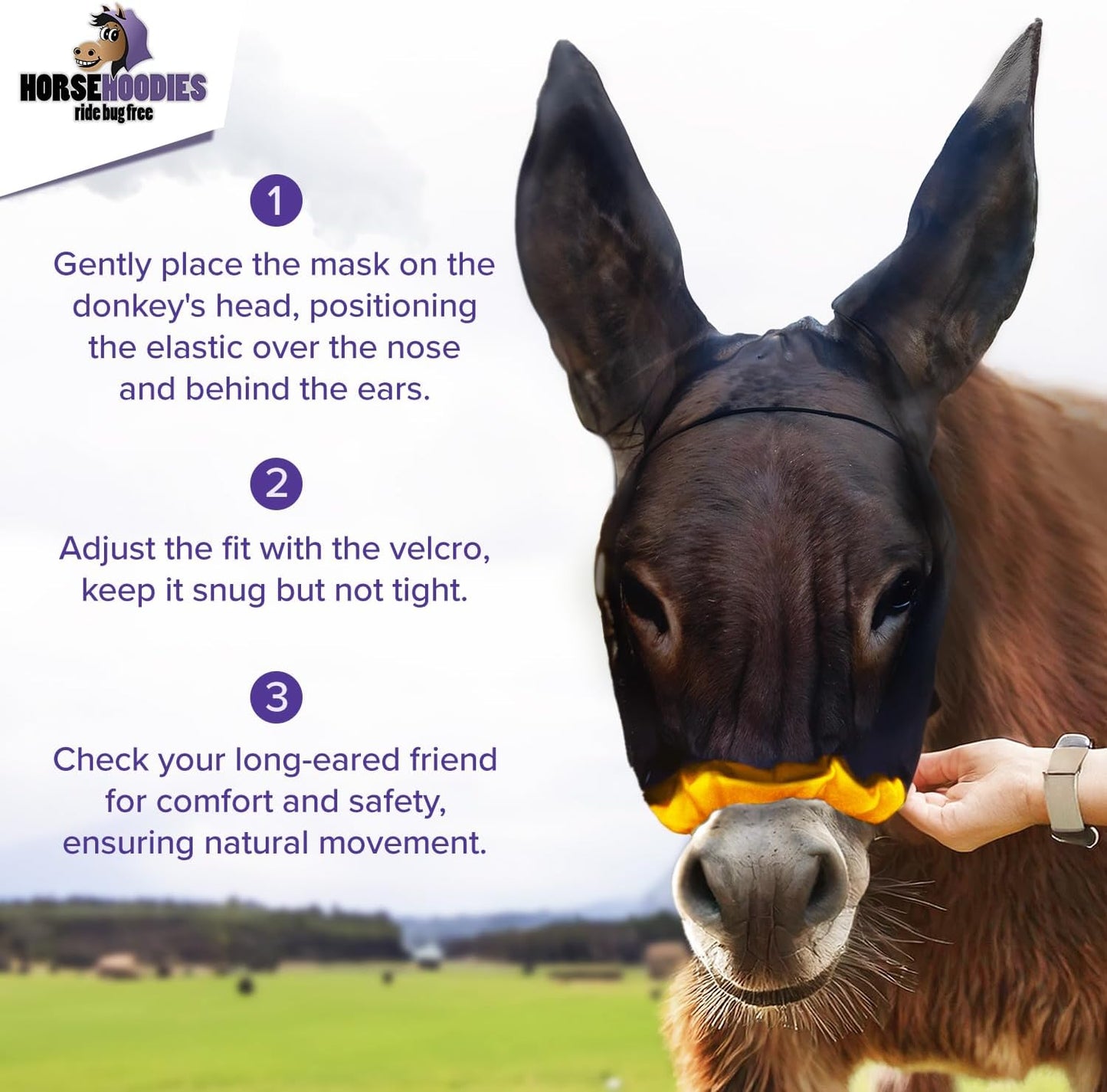 Donkey Fly Mask with Long Ears (Black) Made in USA - Mule Fly Mask with Ears Protection from Insects and Bugs, Small Donkey Soft Mesh Fabric with Adjustable Fastener, Face Cover Supplies for Donkeys