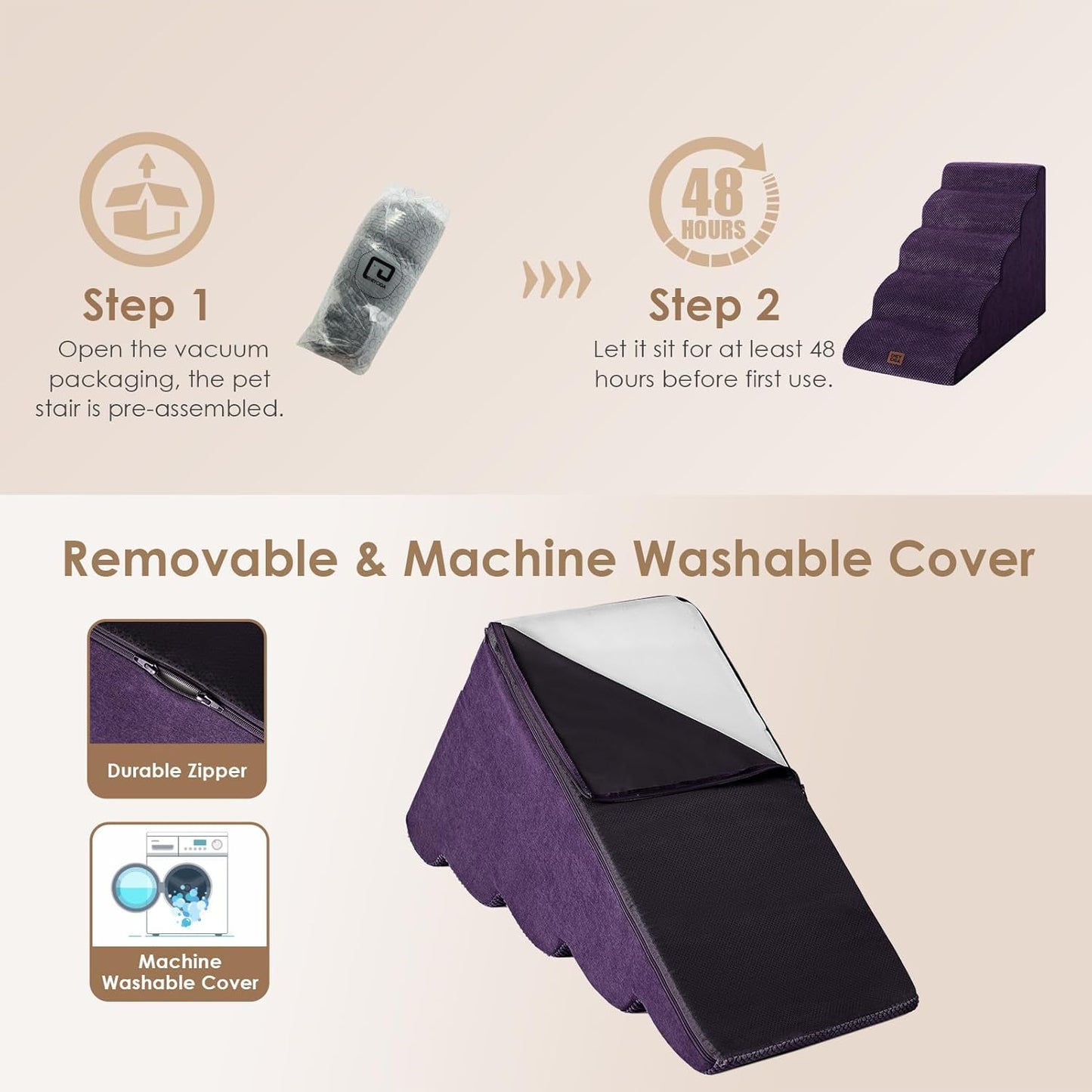 EHEYCIGA Curved Dog Stairs Ramp for High Beds 22.6" H, 5-Step Dog Steps for Small Dogs and Cats, Pet Stairs for High Bed Climbing, Non-Slip Balanced Pet Step Indoor, Purple