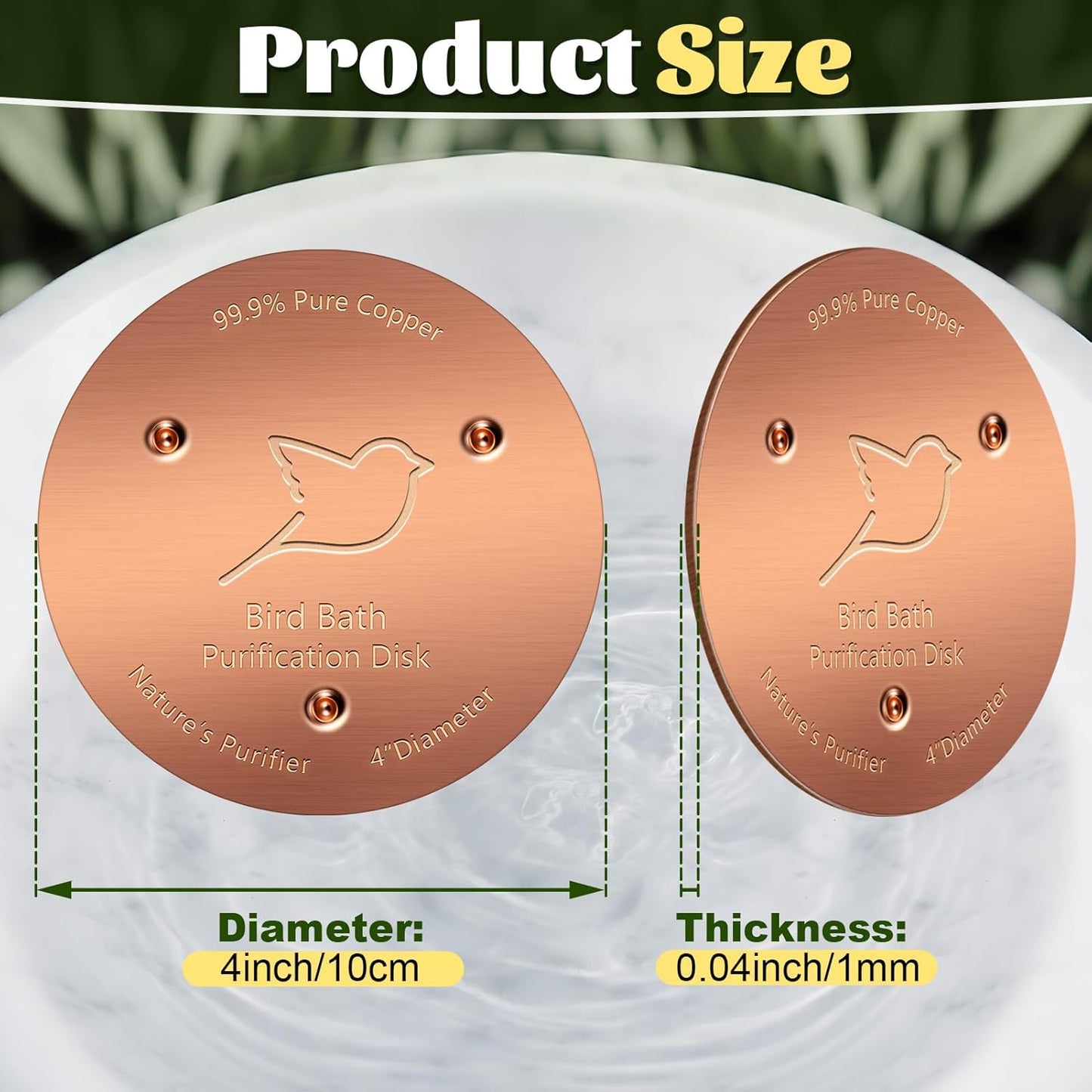 NNG 3 Pack Bird Bath Copper Disk,1mm Thick Reinforced 99.9% Pure Copper Bird Bath Purification Disk with Triple-Point Support,Physical Safe Water Cleaner for Outdoor Birdbaths Bowls,All-Season Use
