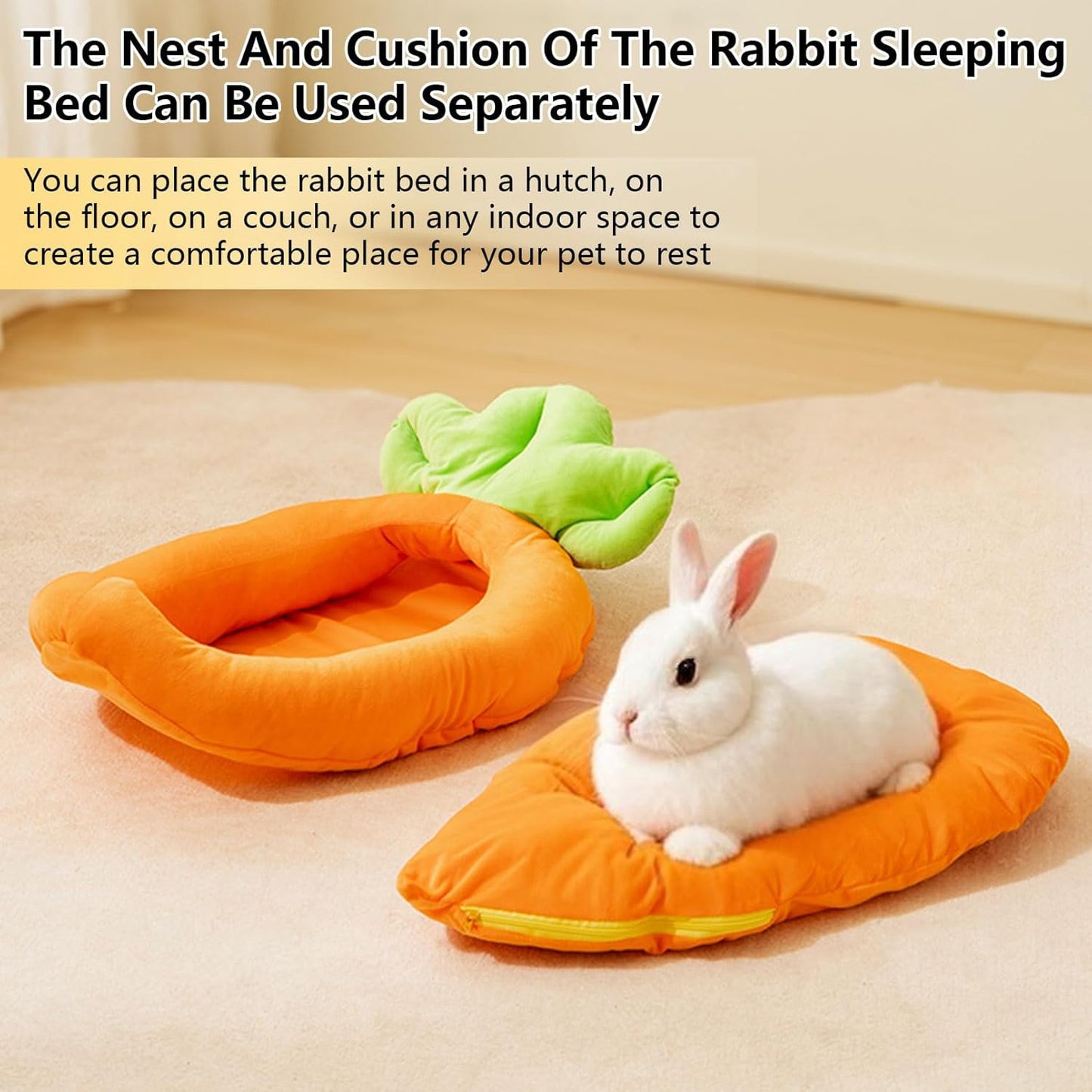Bunny Bed,Thick&Soft Rabbit Bed with Removable Cushion,Machine Washable with Rattan Mat & Heart Decor,Cozy Warm Small Animal Sleeping Beds (Carrot Shape-M)