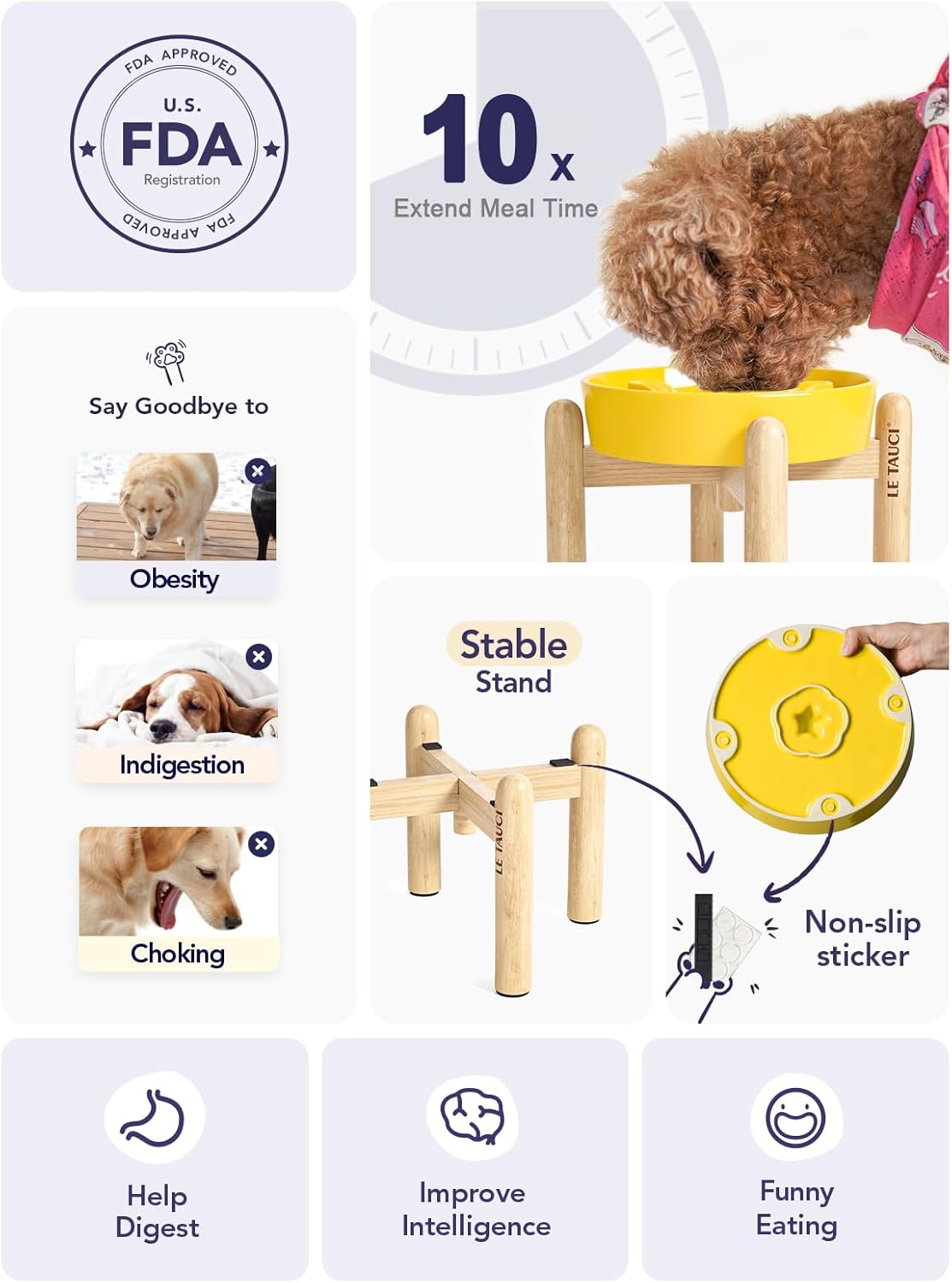 LE TAUCI Ceramic Slow Feeder Dog Bowls Elevated, 3 Cup Raised Bowl with Wooden Stand for Medium Large Breed, Slow Down Eating, Puzzle Dog Food Bowl, Star Yellow